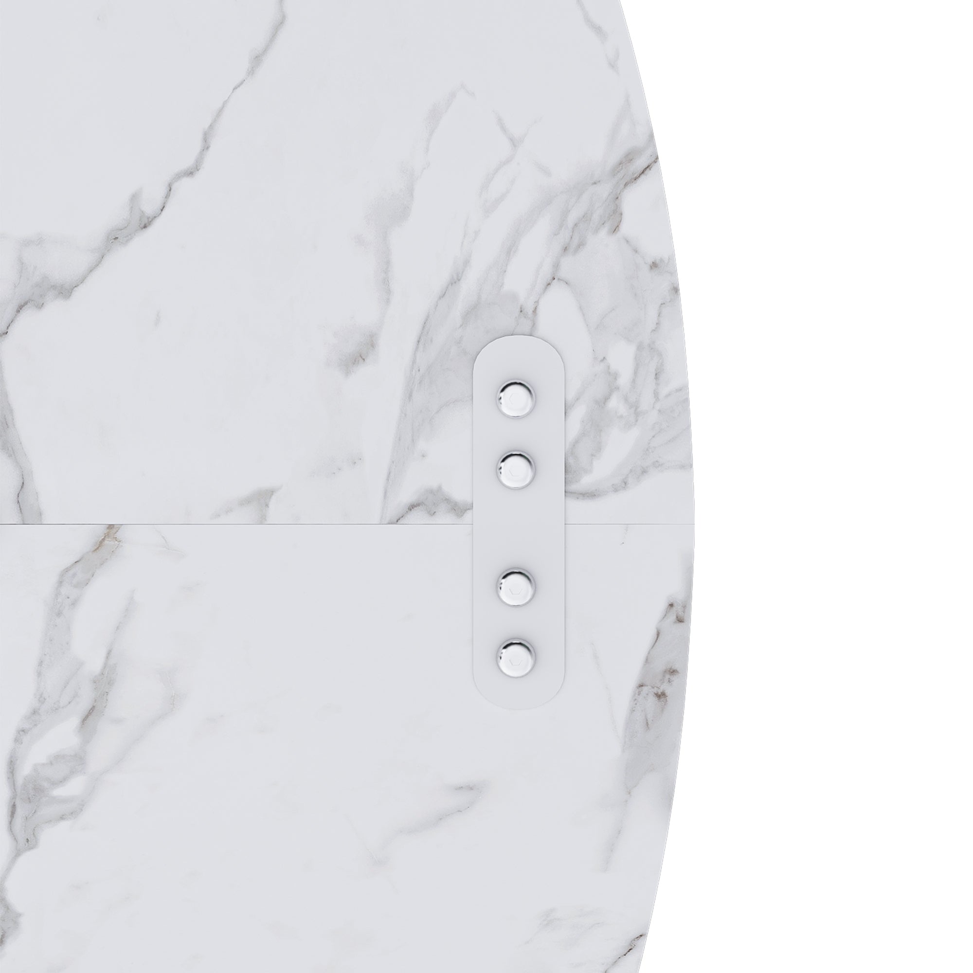 Overhead close-up of the marble tabletop edge with the metal connector between panels