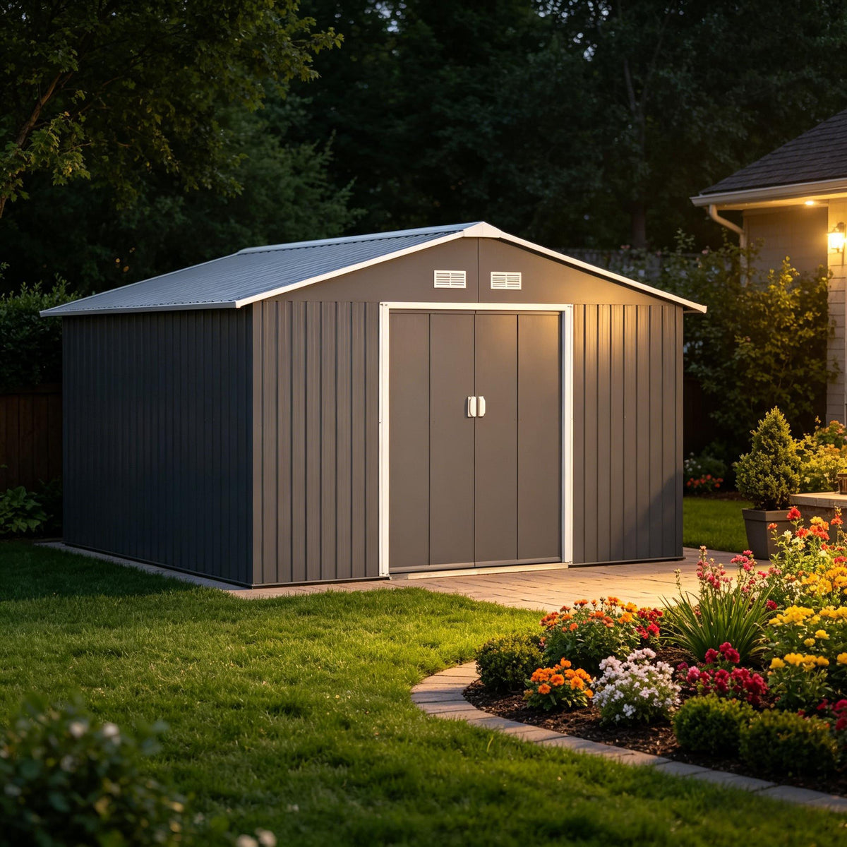 Dark Gray Metal Storage Shed, 11.2x12.7 ft