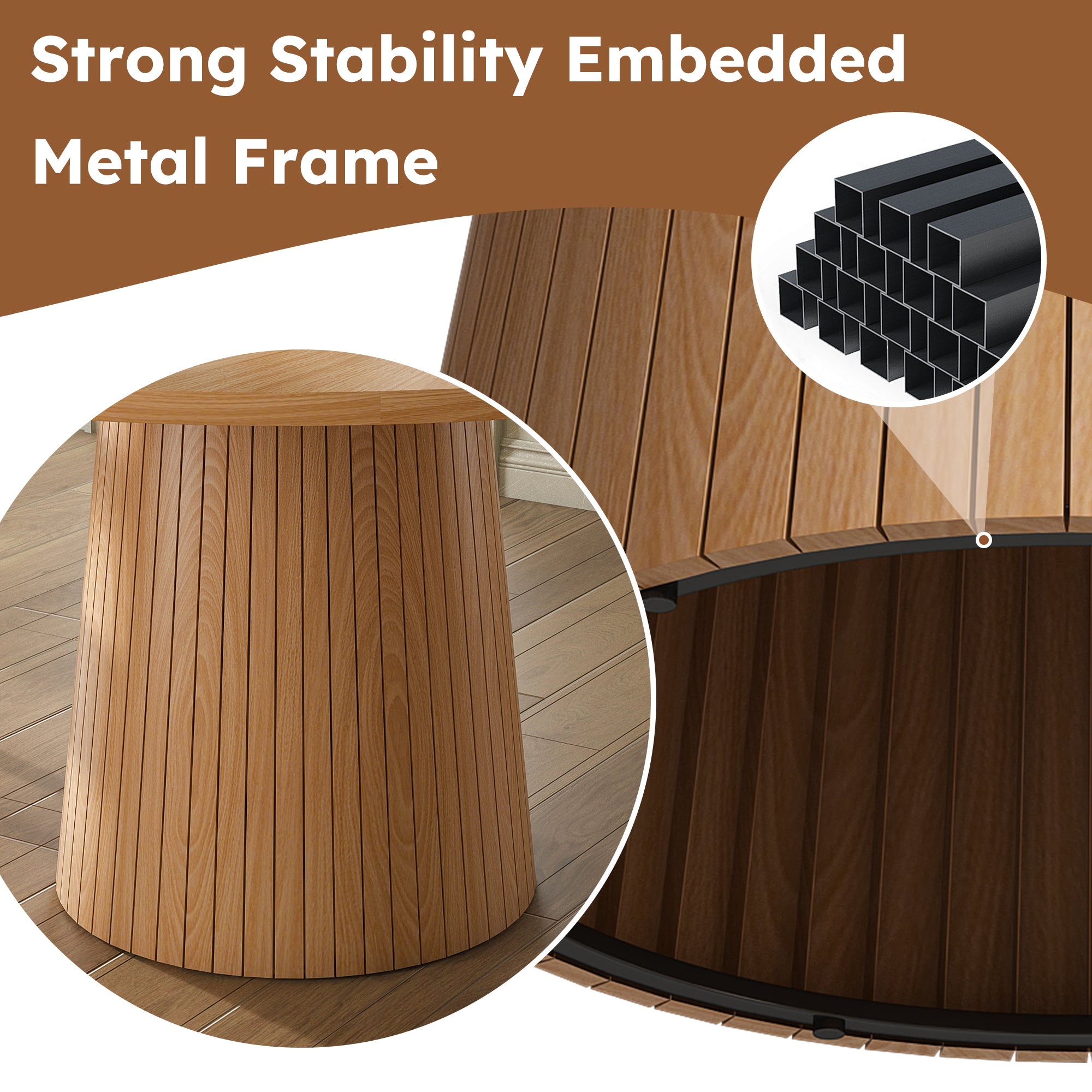 Feature graphic showing the base embedded metal frame for strong stability, with a metal tube inset