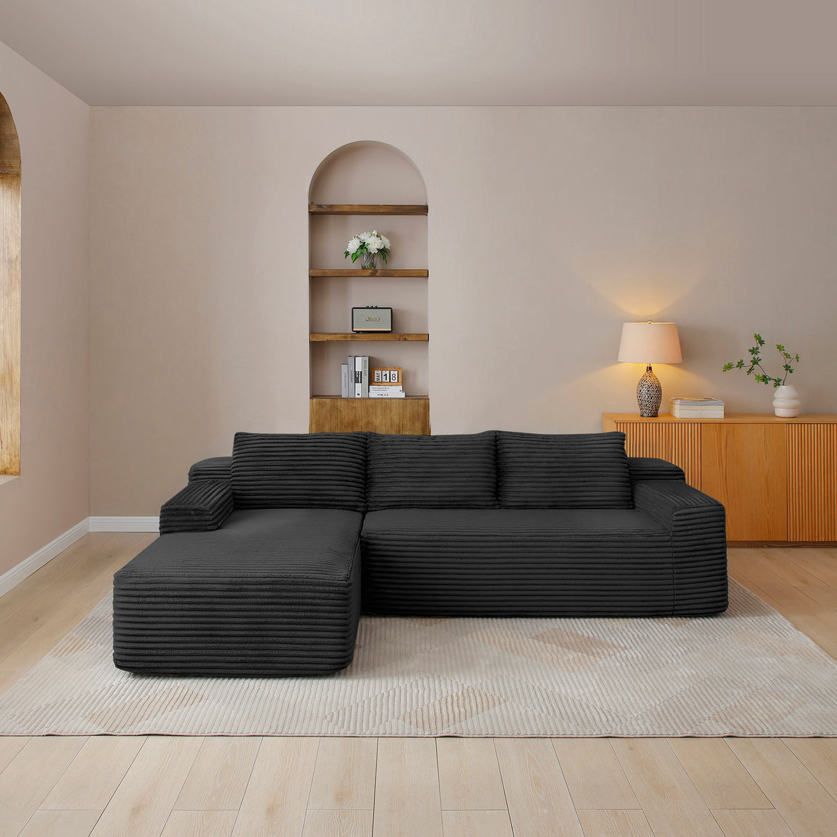 Black Corduroy L-Shaped Modular Sectional, 97 in Wide, Left-Facing