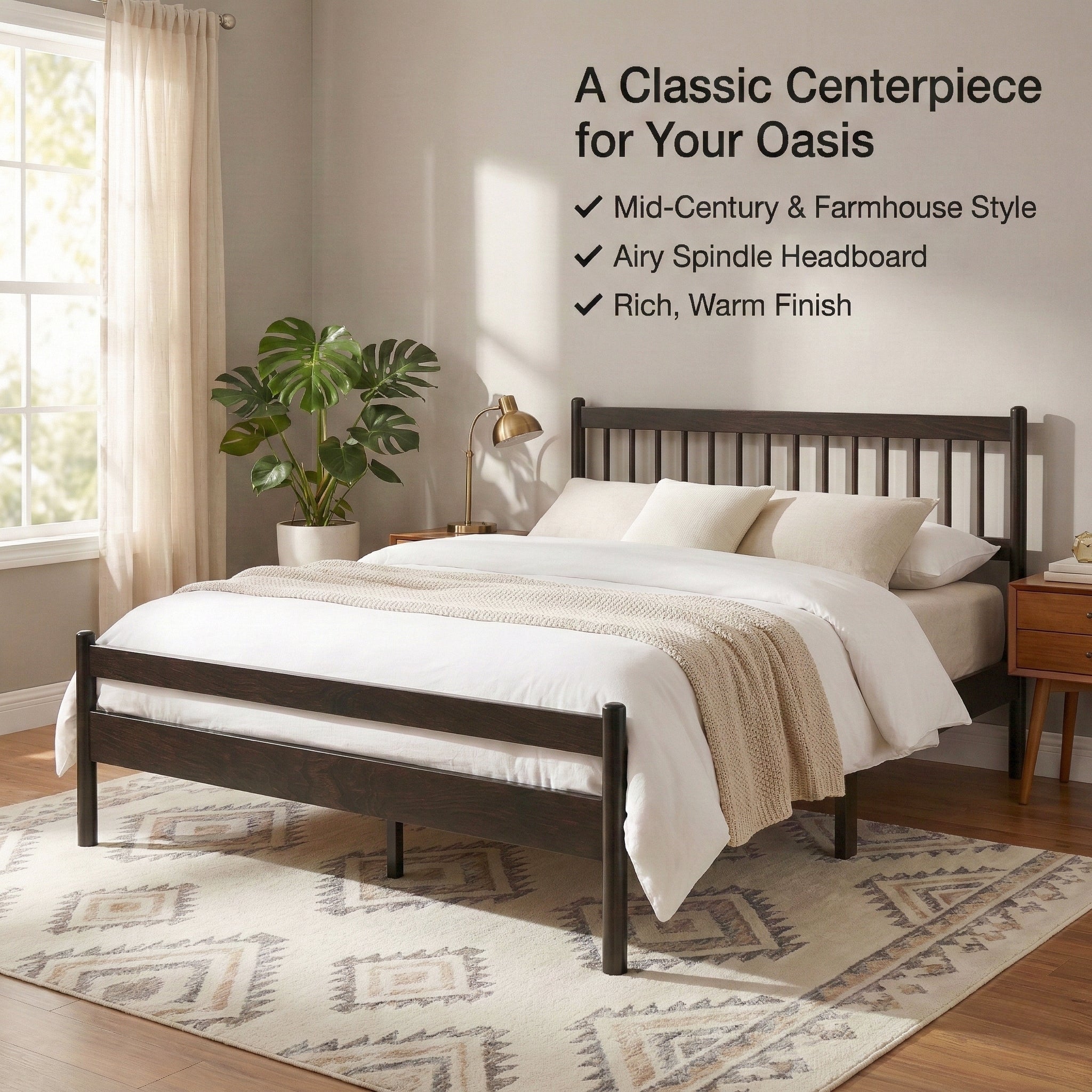 Brown queen bed frame with callouts: mid-century and farmhouse style, airy spindle headboard, rich warm finish #Color_Brown