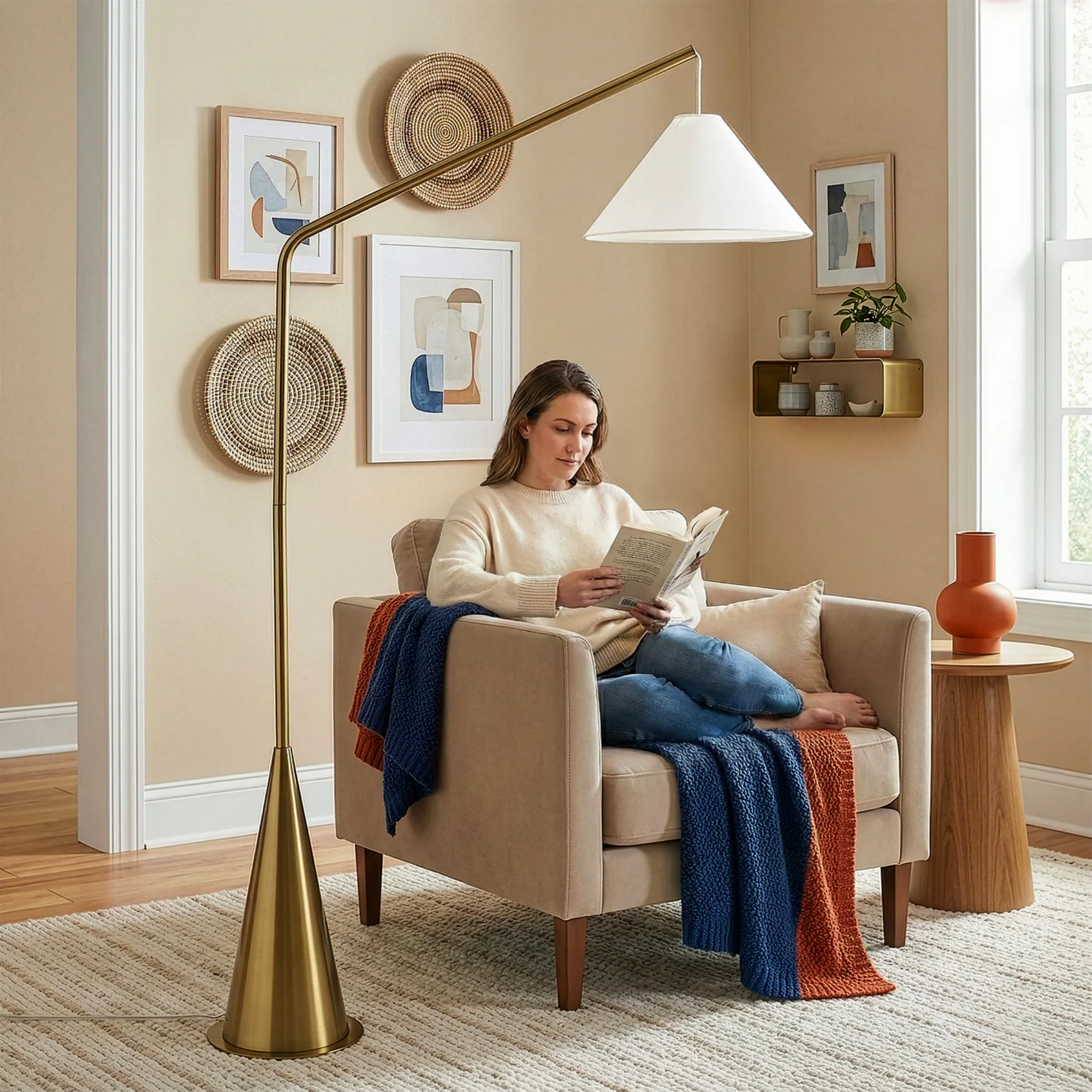 Floor Lamp with Coned Base and Fabric Shade, Antique Brass and White