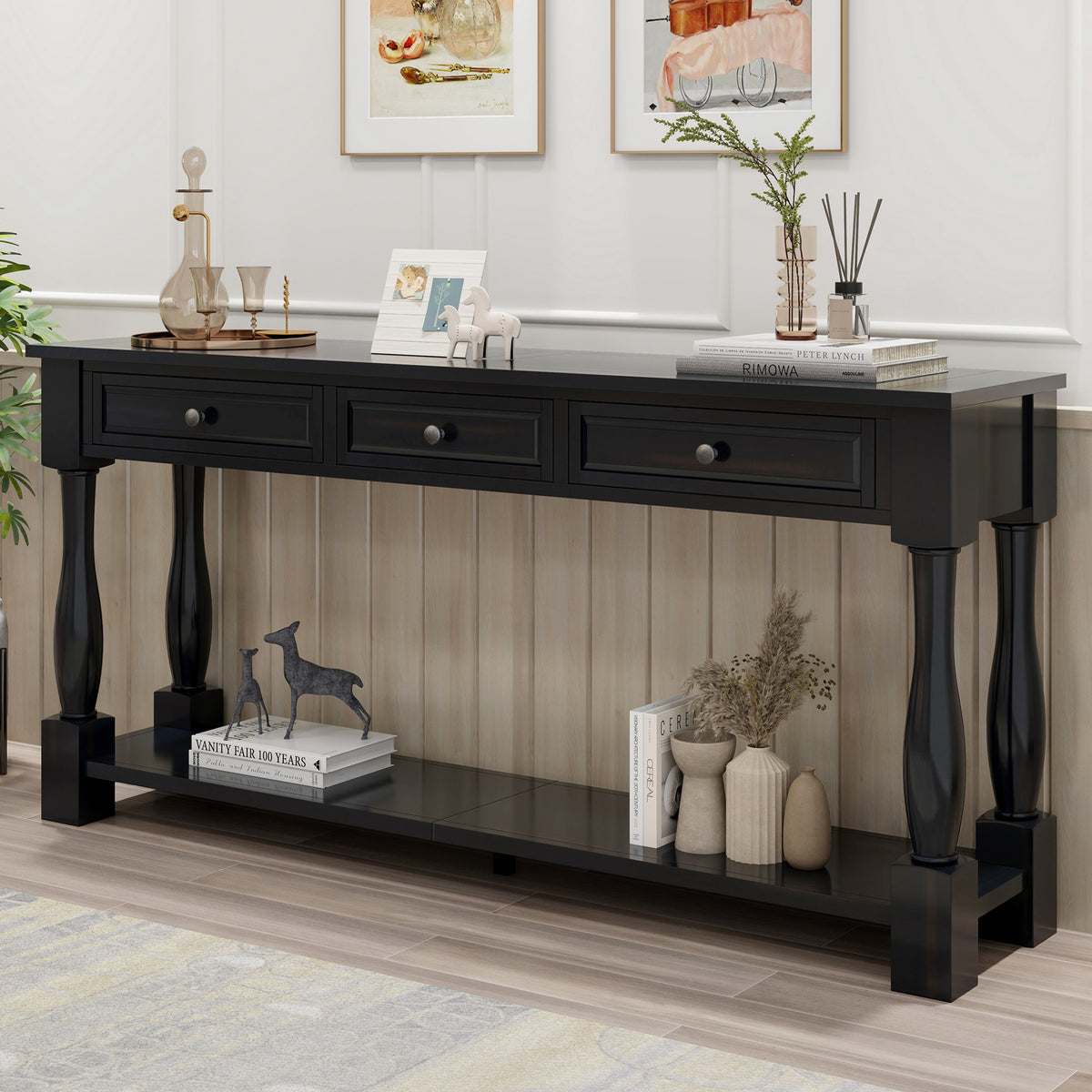 Espresso Entryway Console Table with Storage, 63 in Wide, 14.8 in Deep