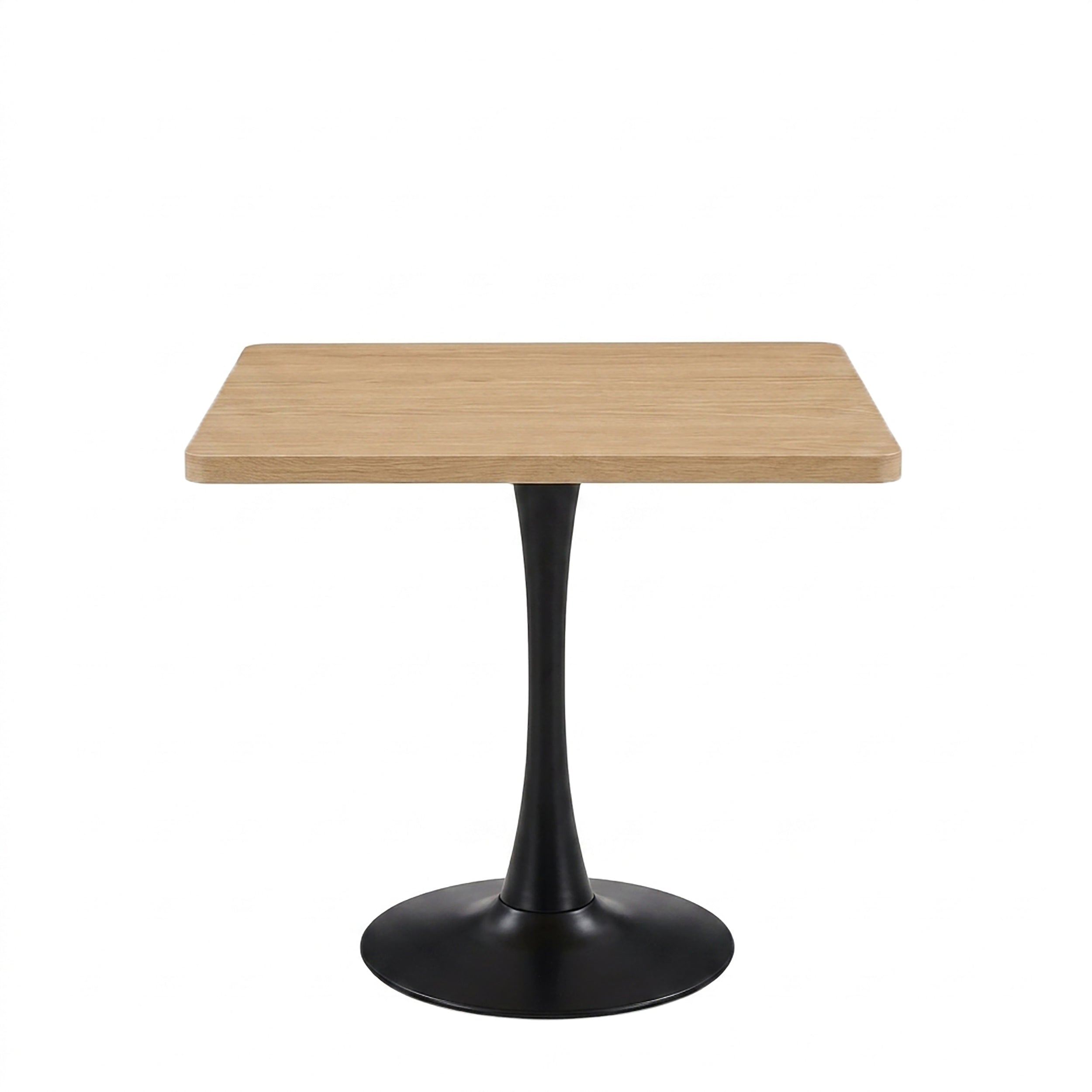 Plain white studio front view of the natural square tulip dining table with black pedestal base