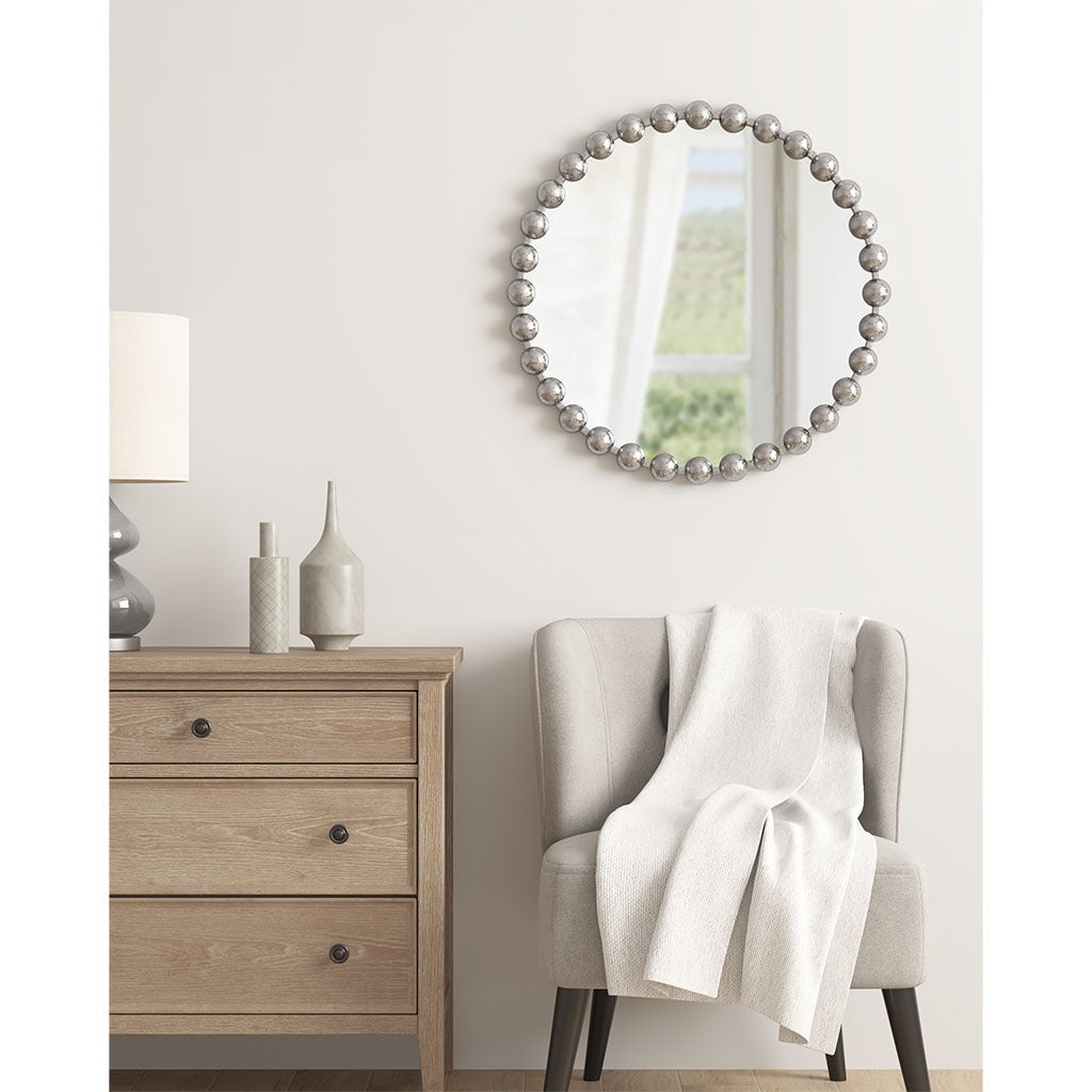 Beaded Round Mirror, 27 Inch Silver