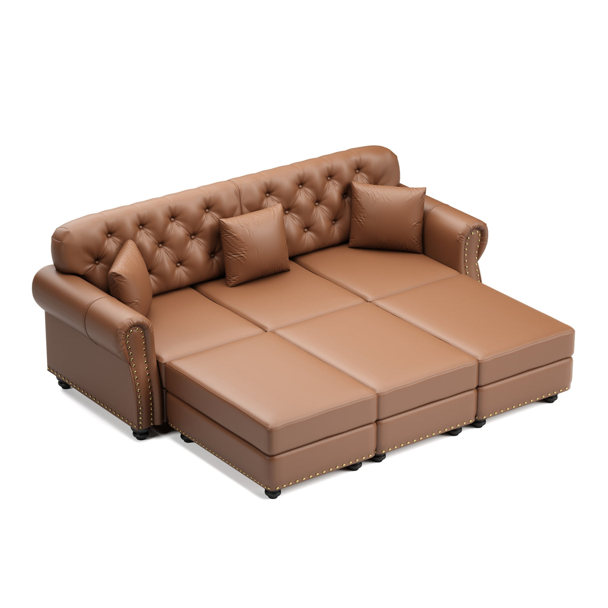Brown Vegan Leather 3-Seat Chesterfield Sofa with 3 Ottomans