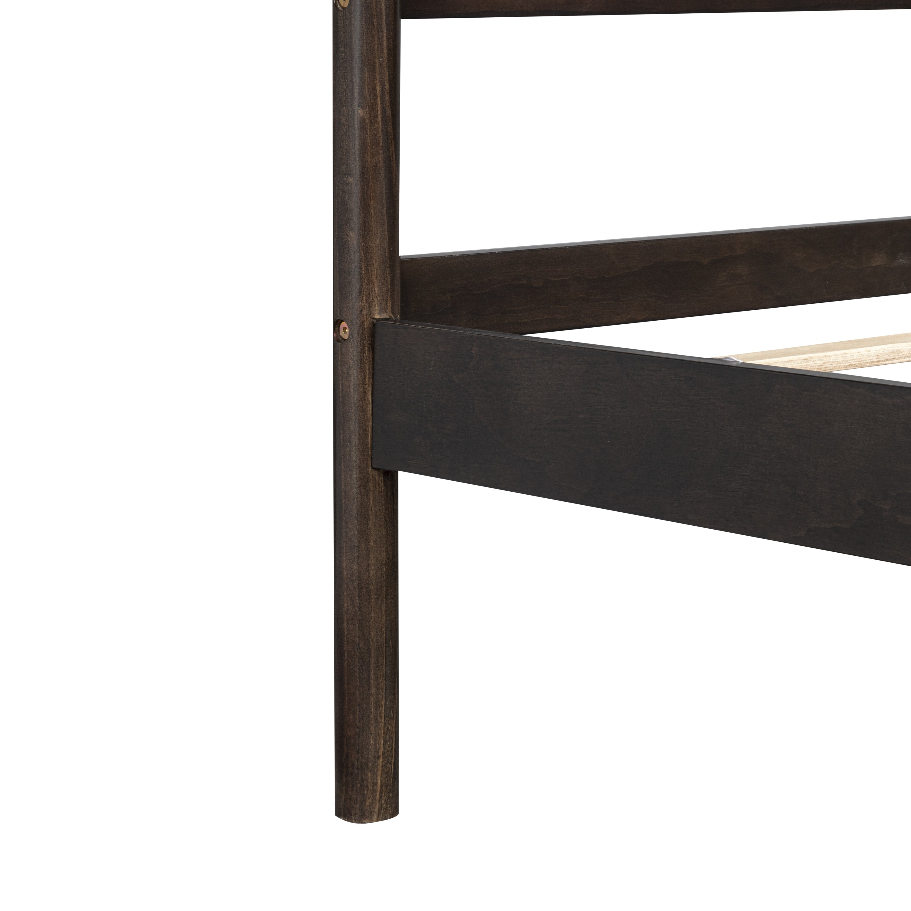 Foot end of the bare brown bed frame showing wood slats and the low footboard rail #Color_Brown