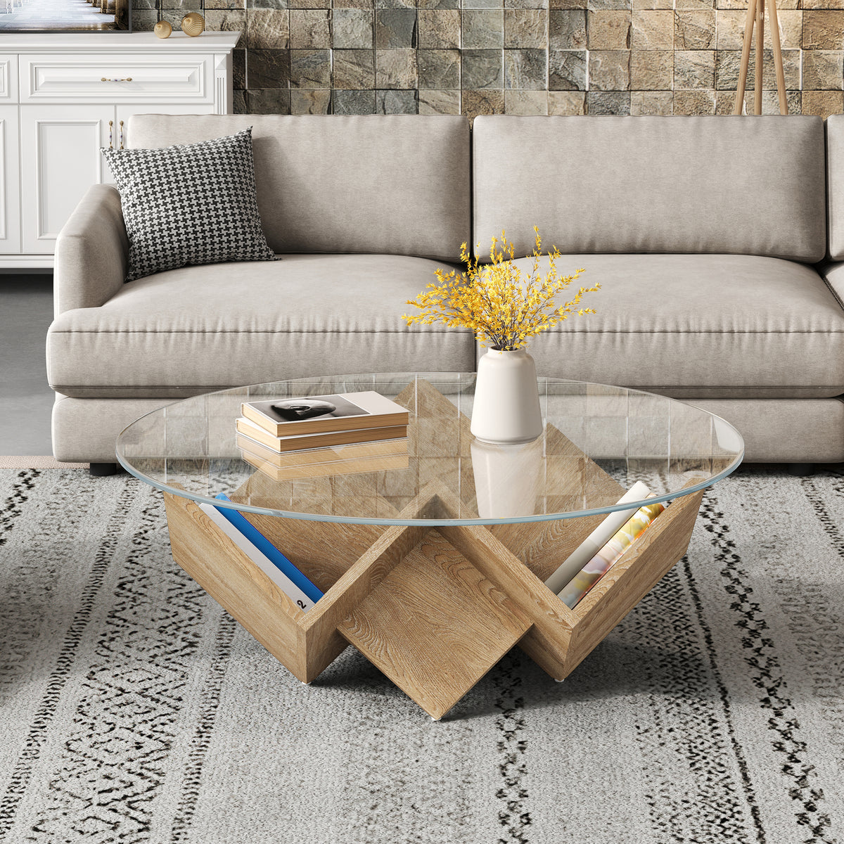 Natural Glass Top Round Coffee Table with Storage, 35.4 in