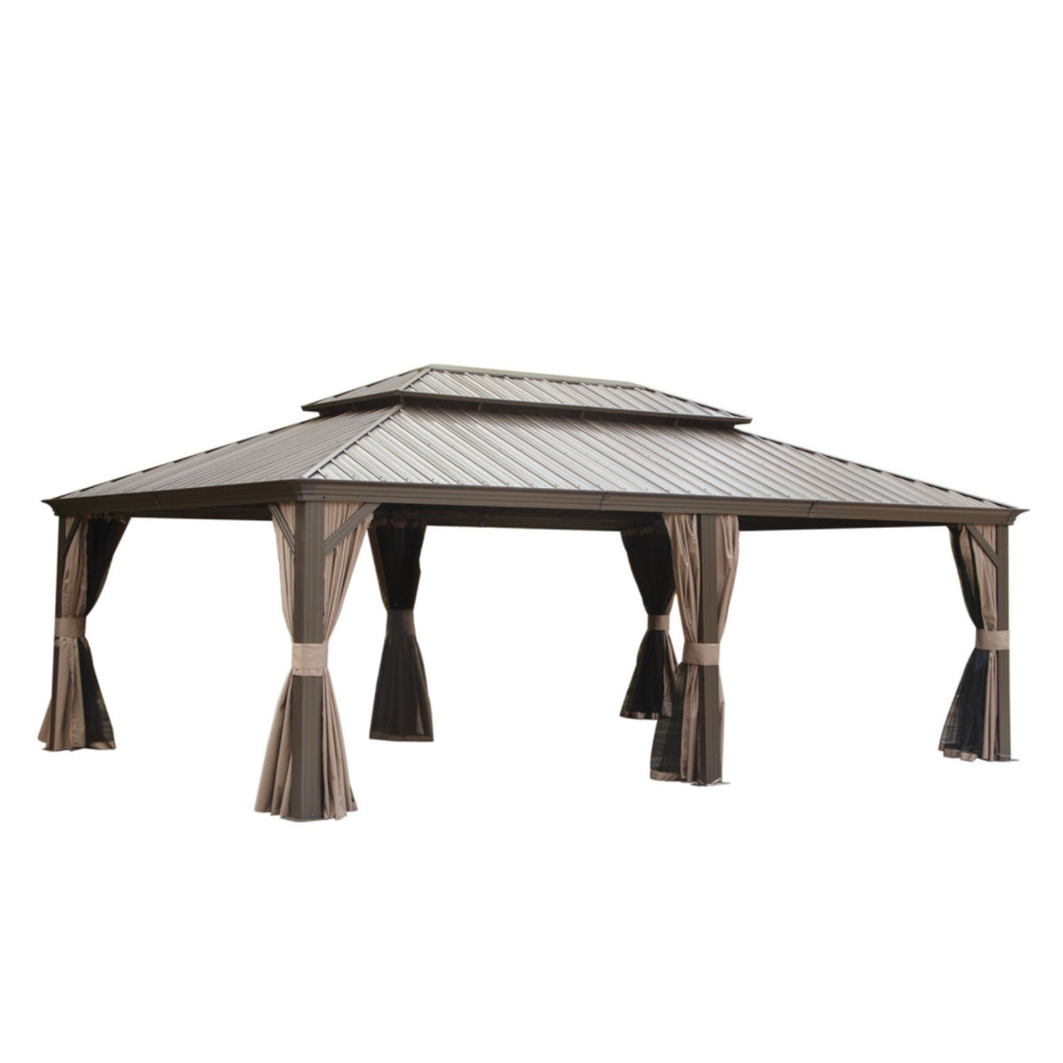 14x24 ft Brown Aluminum Double Roof Hardtop Gazebo with Netting and Curtains