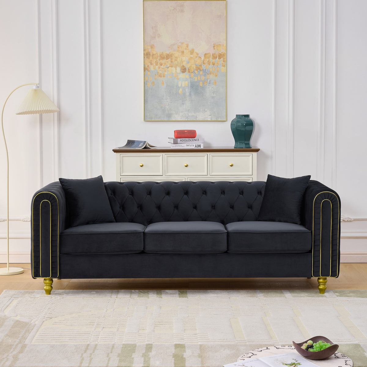 Black Velvet 3-Seat Chesterfield Sofa, 86 in Wide
