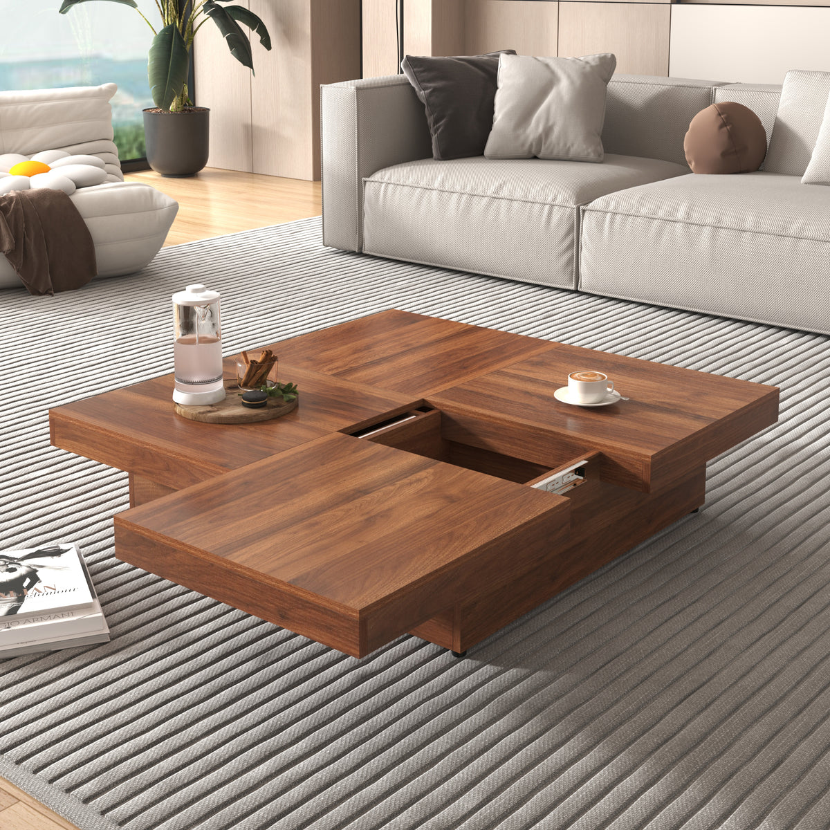 Walnut Square Coffee Table with Storage, 39.4 in