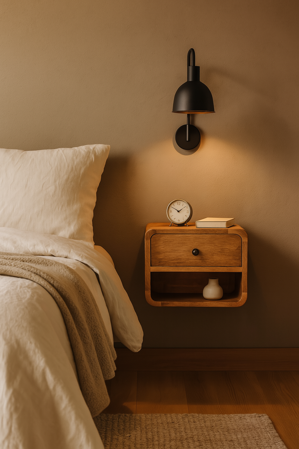 Floating Nightstand, Solid Mango Wood, 1 Drawer, Oak