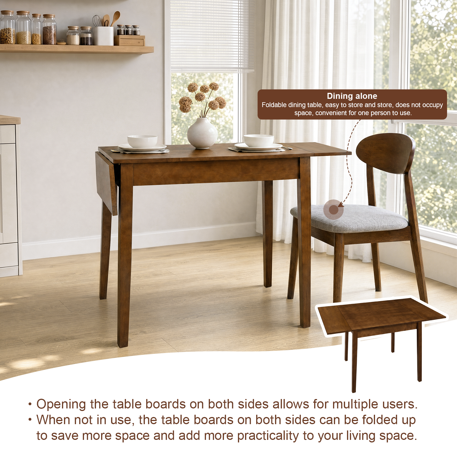 Feature graphic showing the walnut table with one leaf down set for dining alone with a single chair