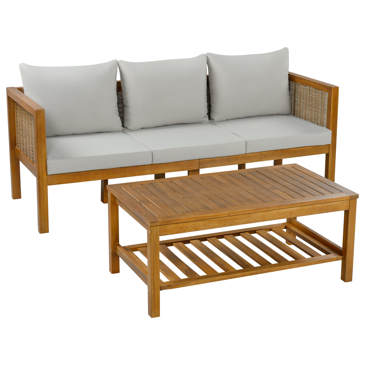 Natural Solid Wood Outdoor Sofa Set for 3 with Gray Cushions