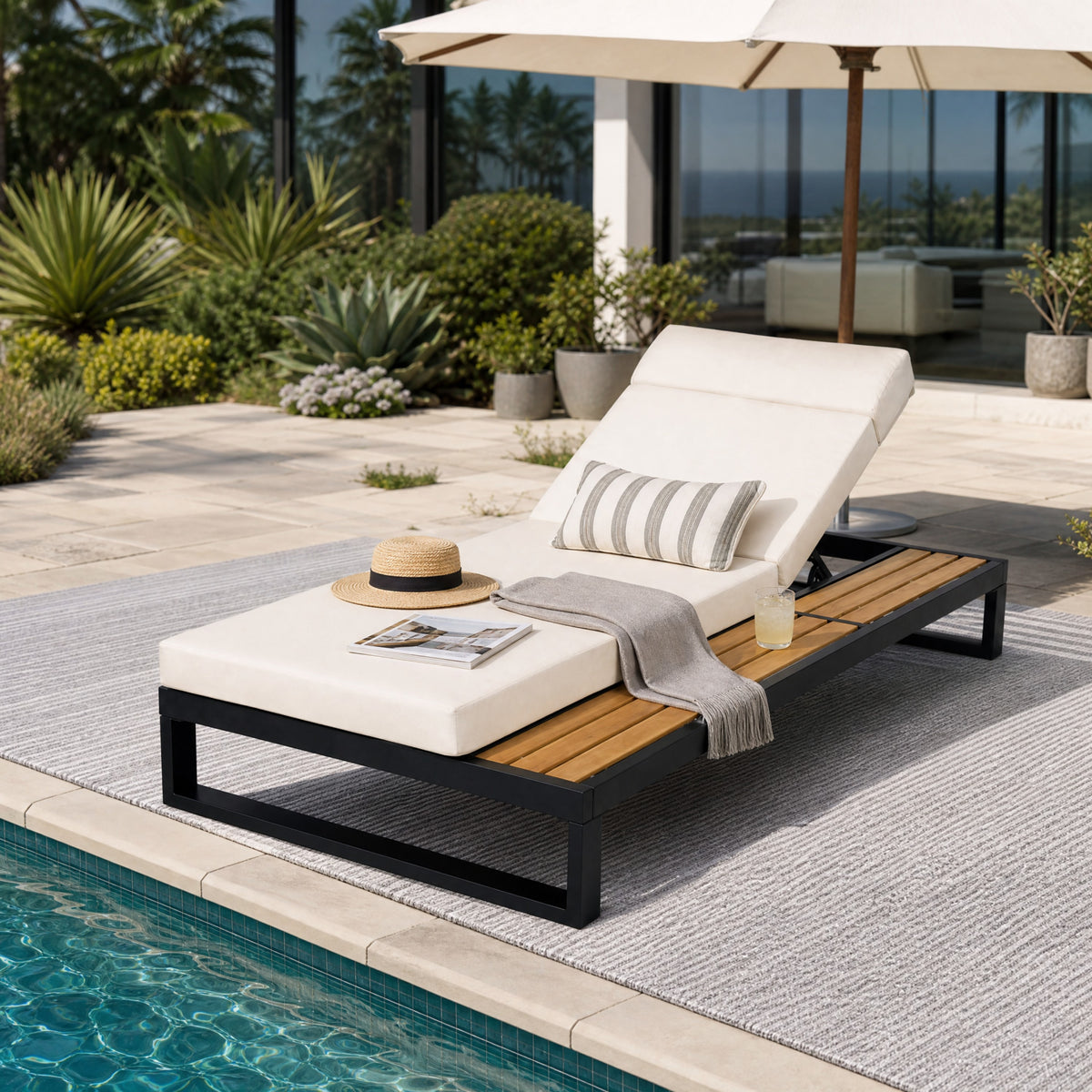 Teak Finish Metal Outdoor Chaise Lounge, Black Frame