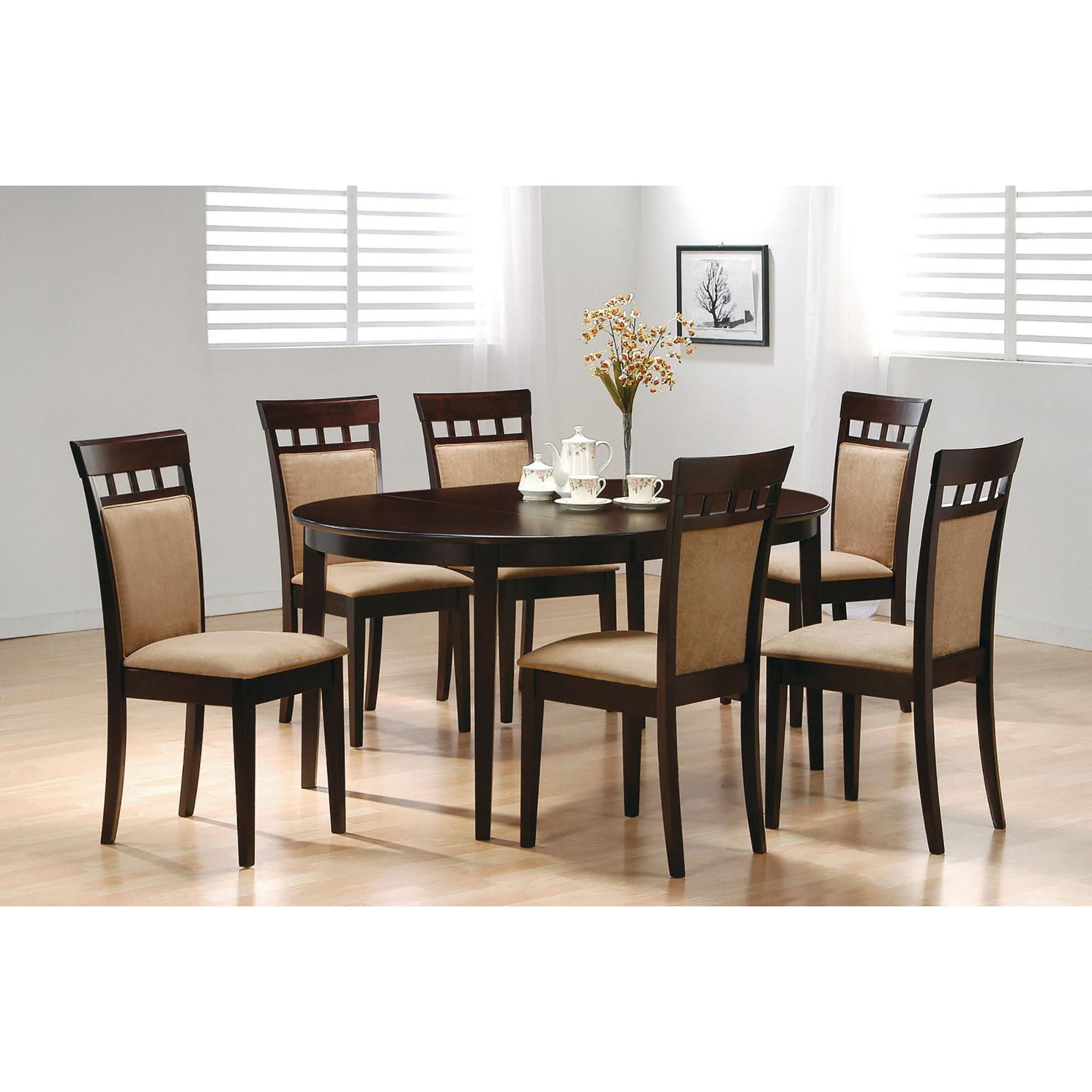 Cappuccino oval dining table with six upholstered chairs in a bright dining room