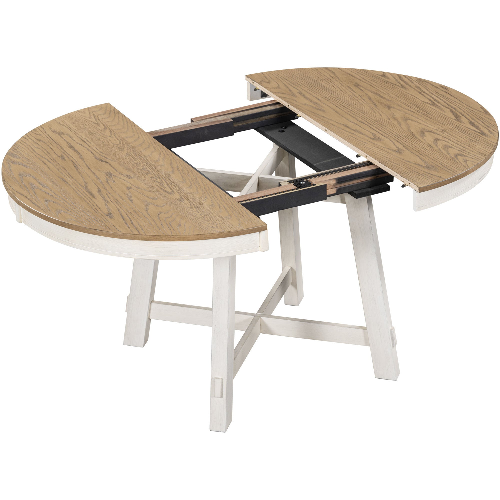 Studio view of the oval-extended table pulled open showing the gear extension mechanism
