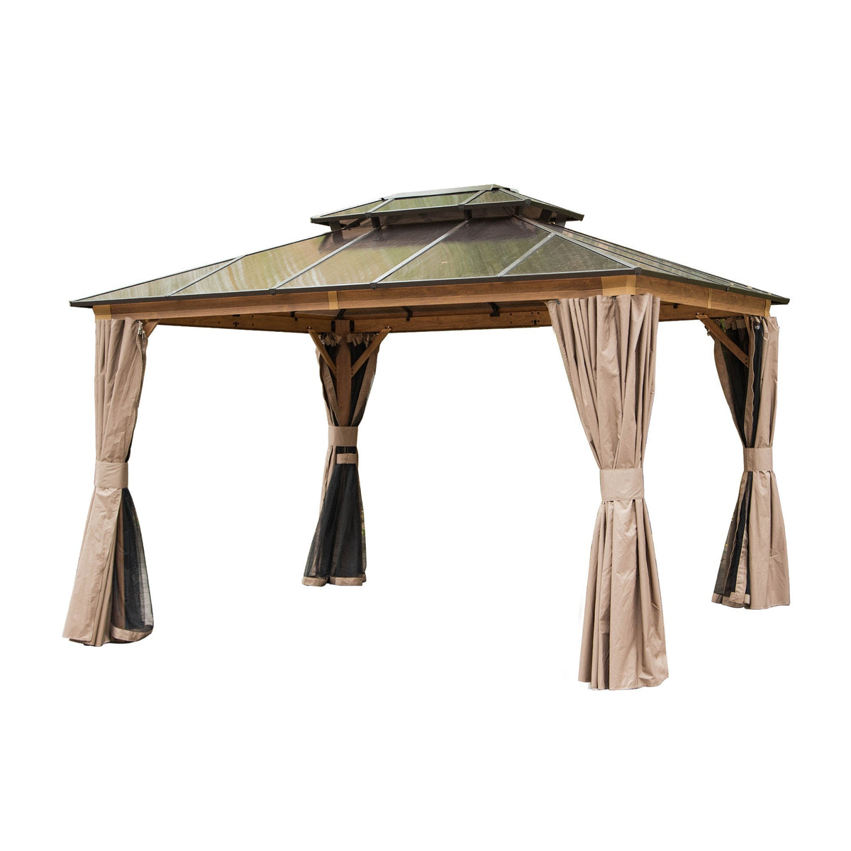 10x12 ft Yellow Brown Aluminum Double Roof Hardtop Gazebo with Curtains