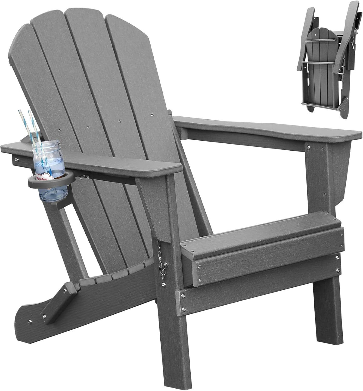 Gray HDPE Folding Adirondack Chair, with Cup Holder, 34.2 in Tall