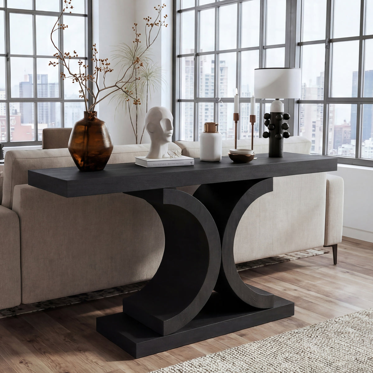 Black Entryway Console Table, 60 in Wide, Sculptural