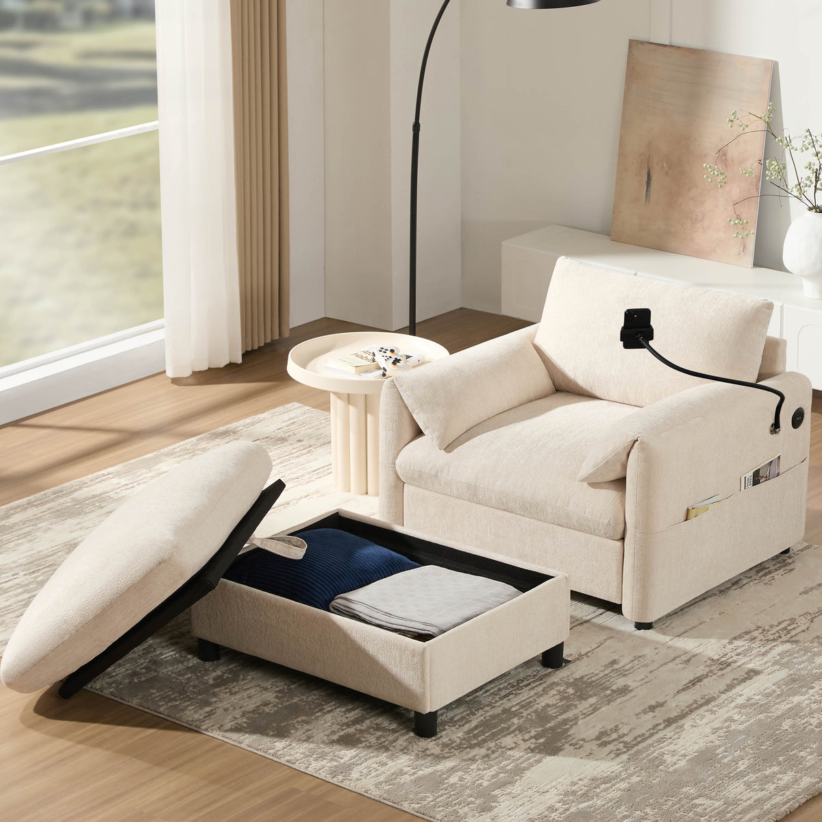 Beige Chenille Chaise Lounge Chair with Ottoman