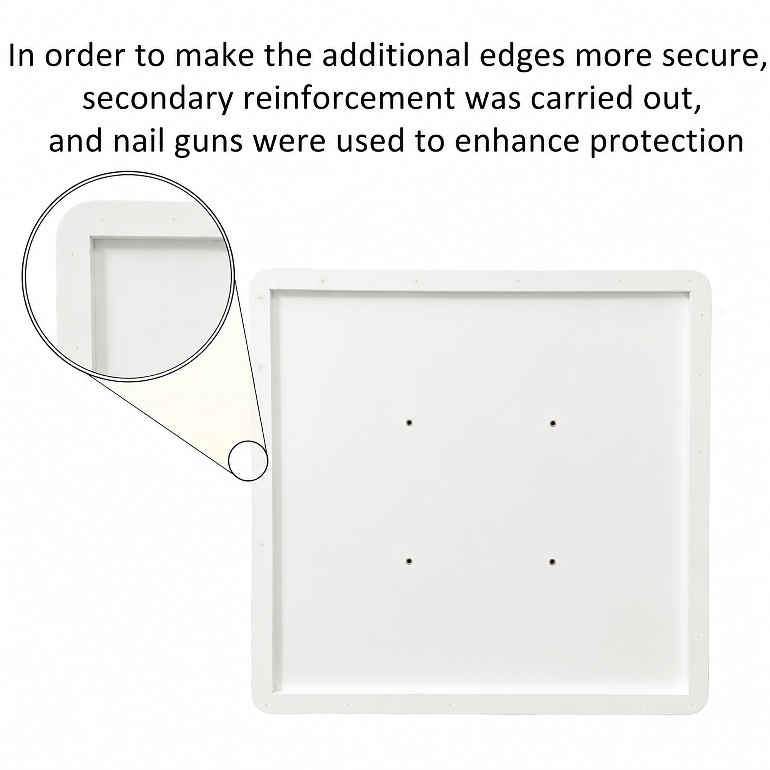 Feature graphic showing the underside of the white square table with a close-up of reinforced nailed edges