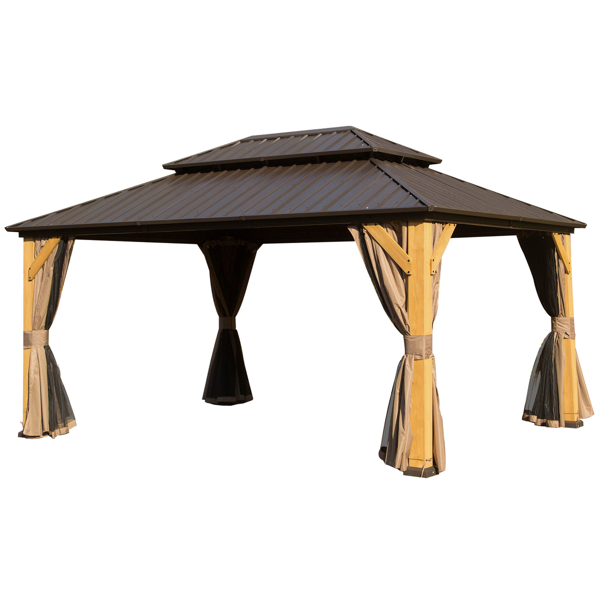 10x14 ft Brown Cedar Double Roof Hardtop Gazebo with Netting and Curtains