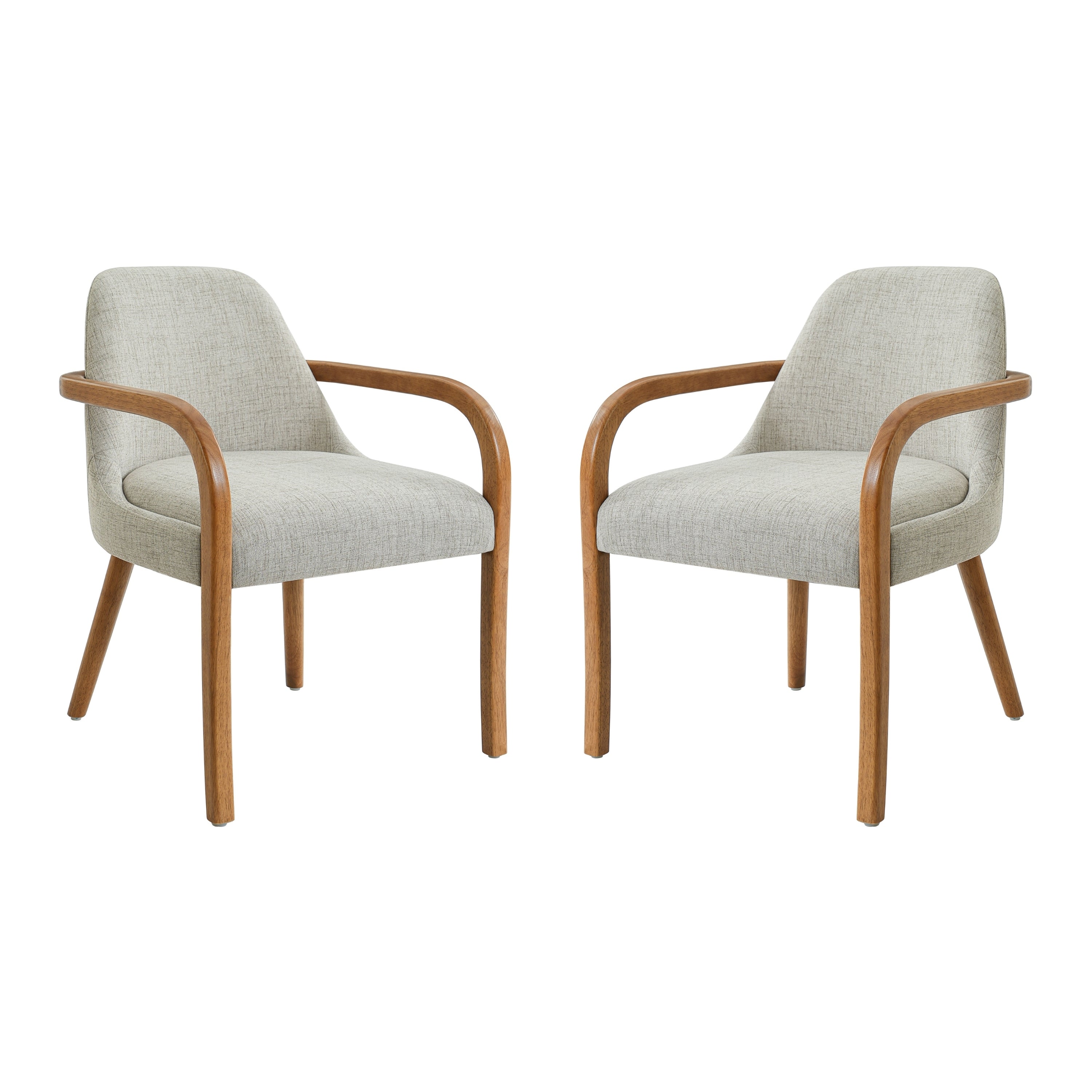 Mid-Century Dining Armchairs Set of 2, Beige Fabric, Wood Arms