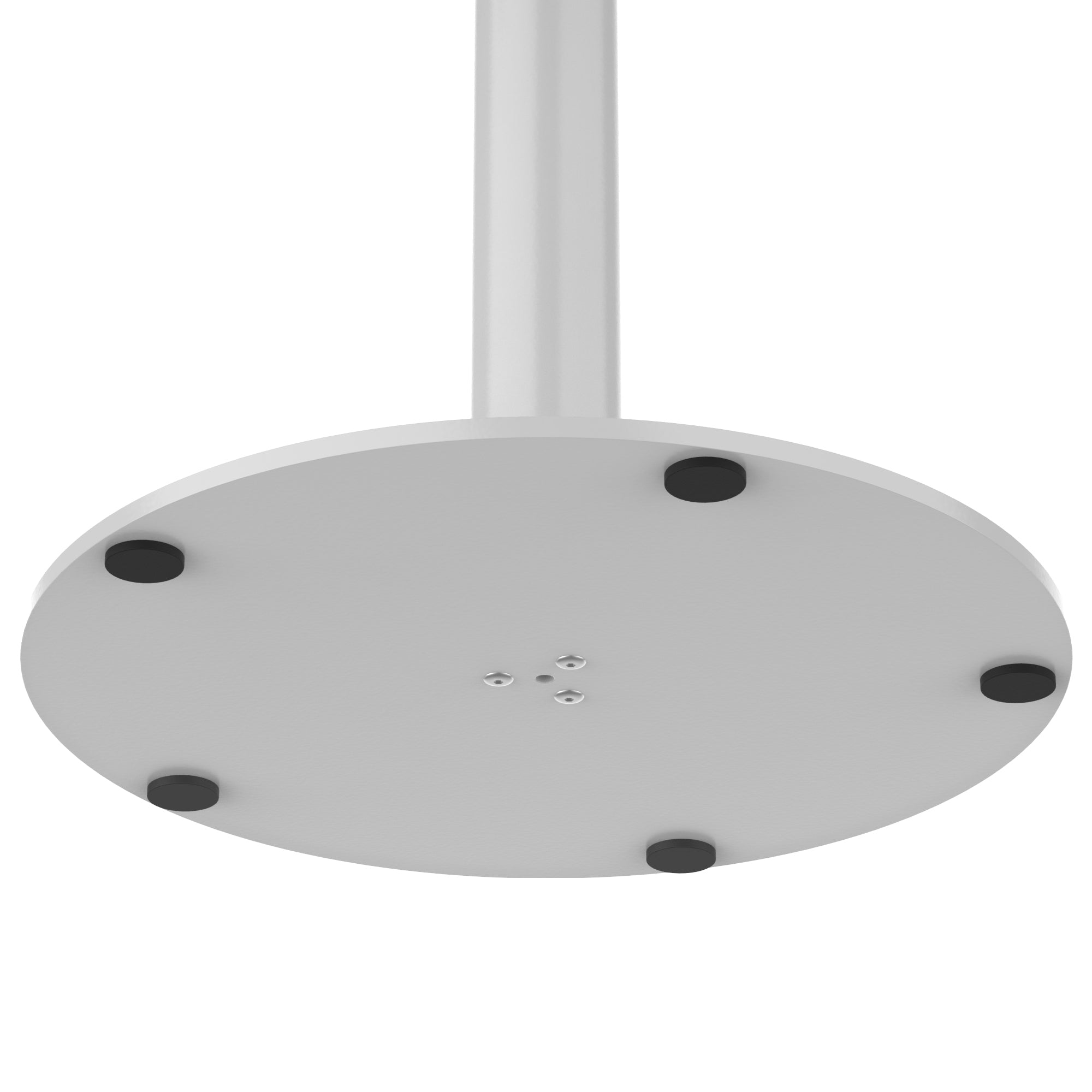 Underside view of square table base showing grey mounting plate and foot pads