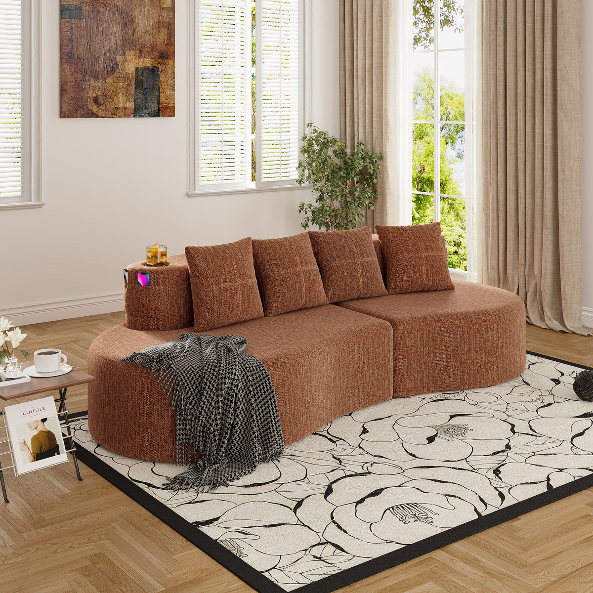 Orange Chenille Modular Sectional Couch, No Assembly, 94.5 in Wide
