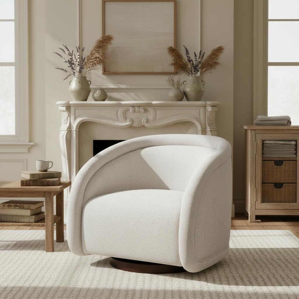 Beige Boucle Swivel Accent Chair