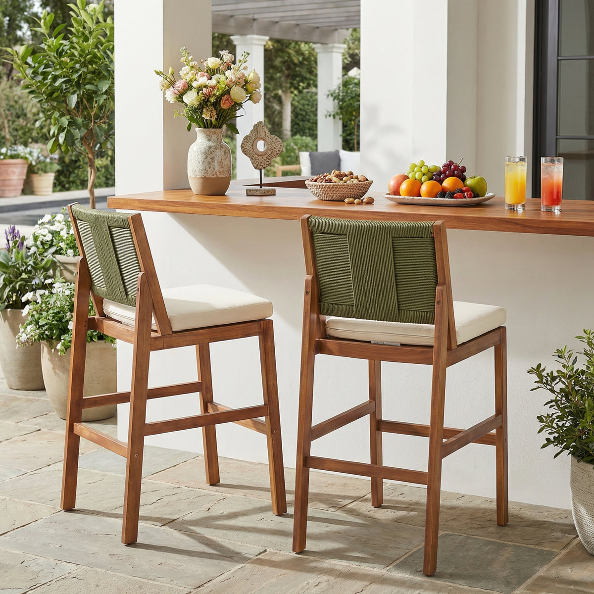 Teak Finish Outdoor Bar Stool with Cream Cushions, Set of 2