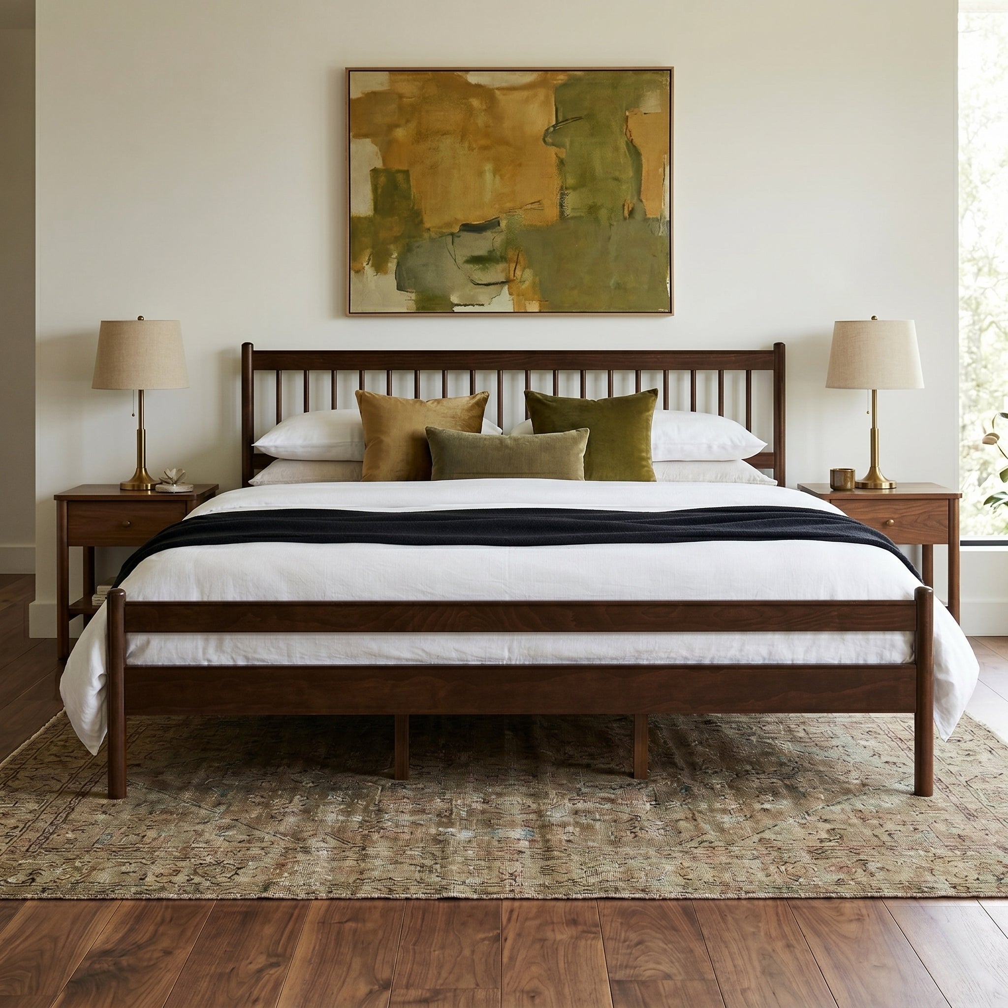 Walnut pine king bed with slatted headboard, front bedroom view