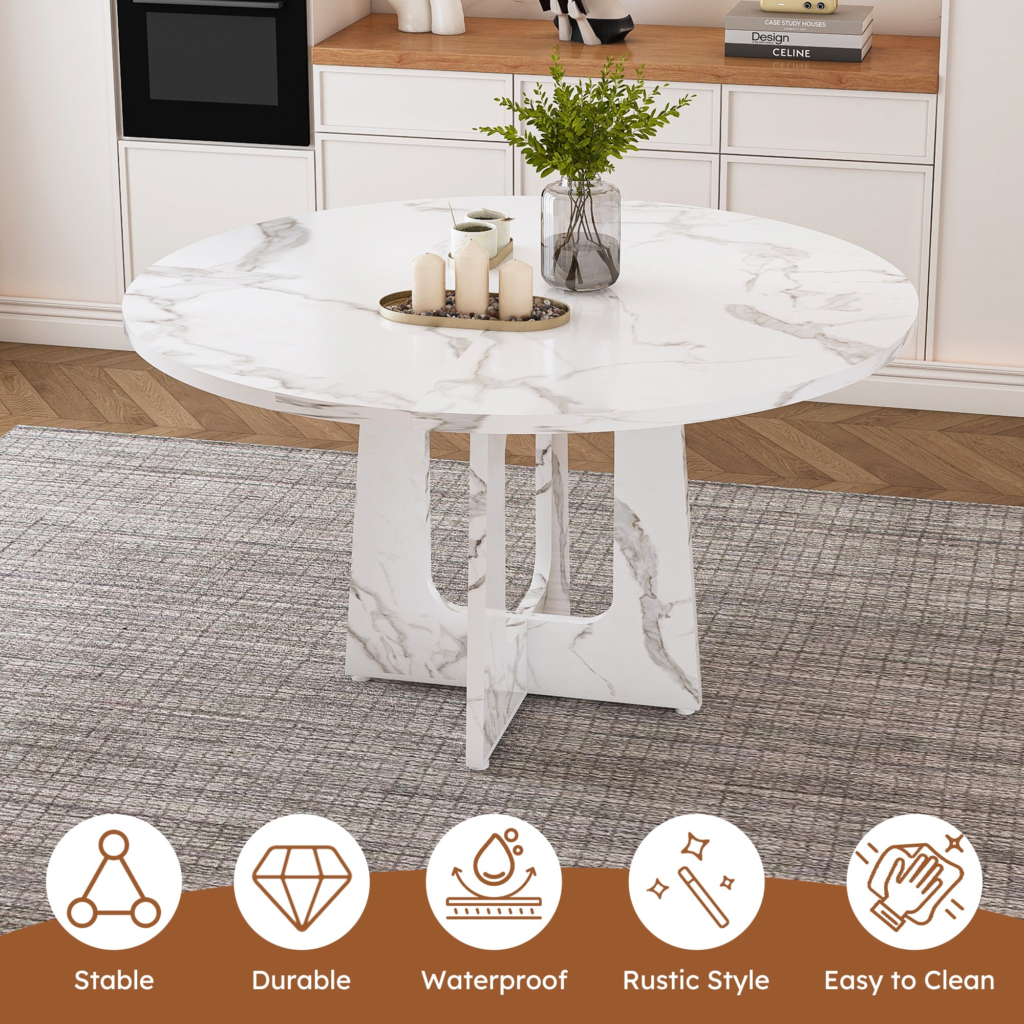Feature graphic showing the marble table as stable, durable, waterproof and easy to clean