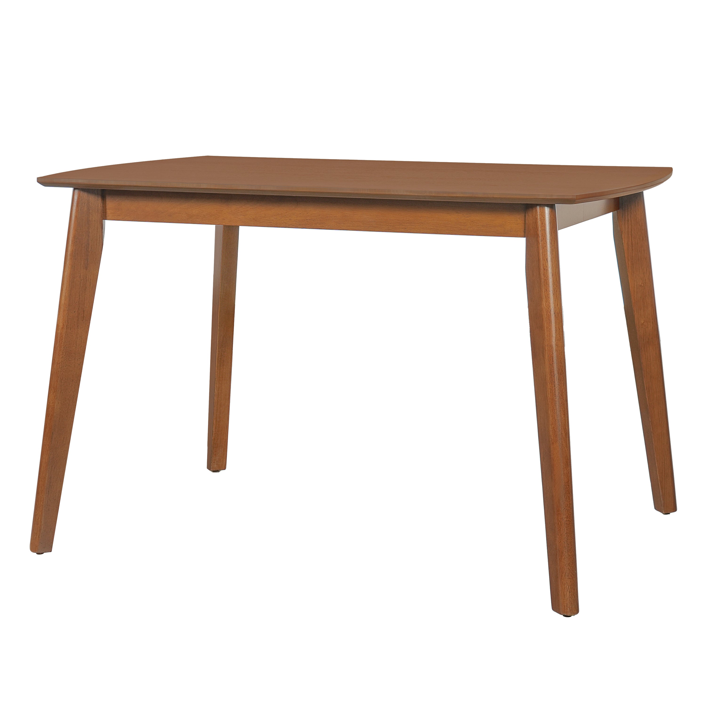 Front elevation of the brown mid-century dining table with tapered legs, plain white background