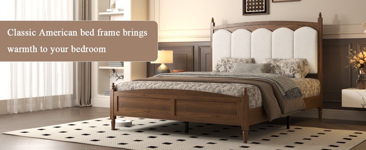 Styled banner of the brown wood vintage queen bed with cream padded headboard and paneled footboard