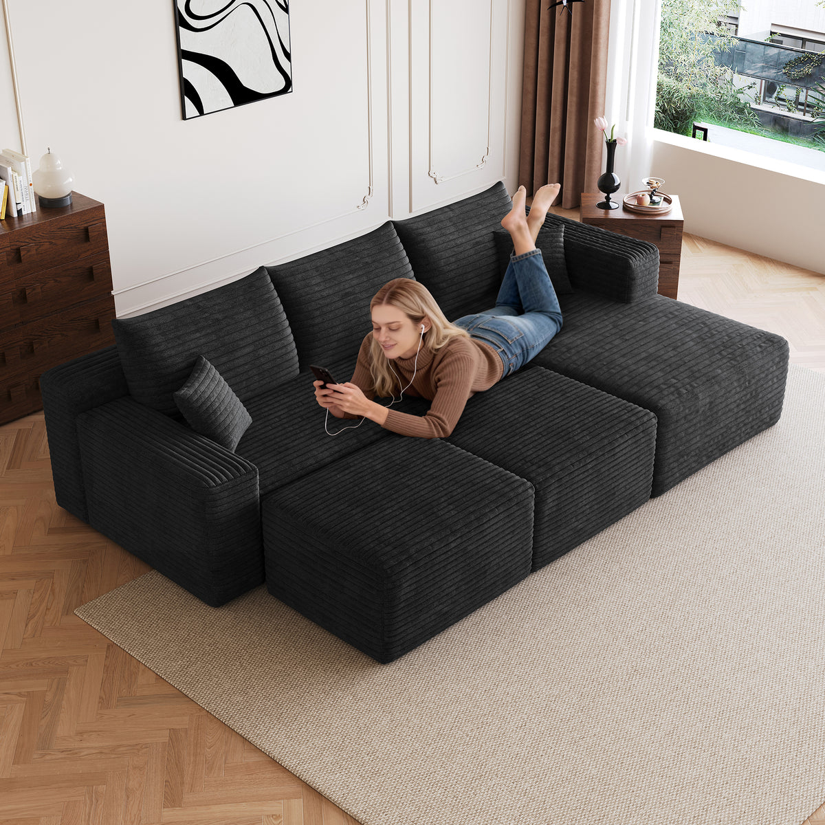Black Corduroy L-Shaped Sectional Couch with 2 Ottomans, 95 in Wide