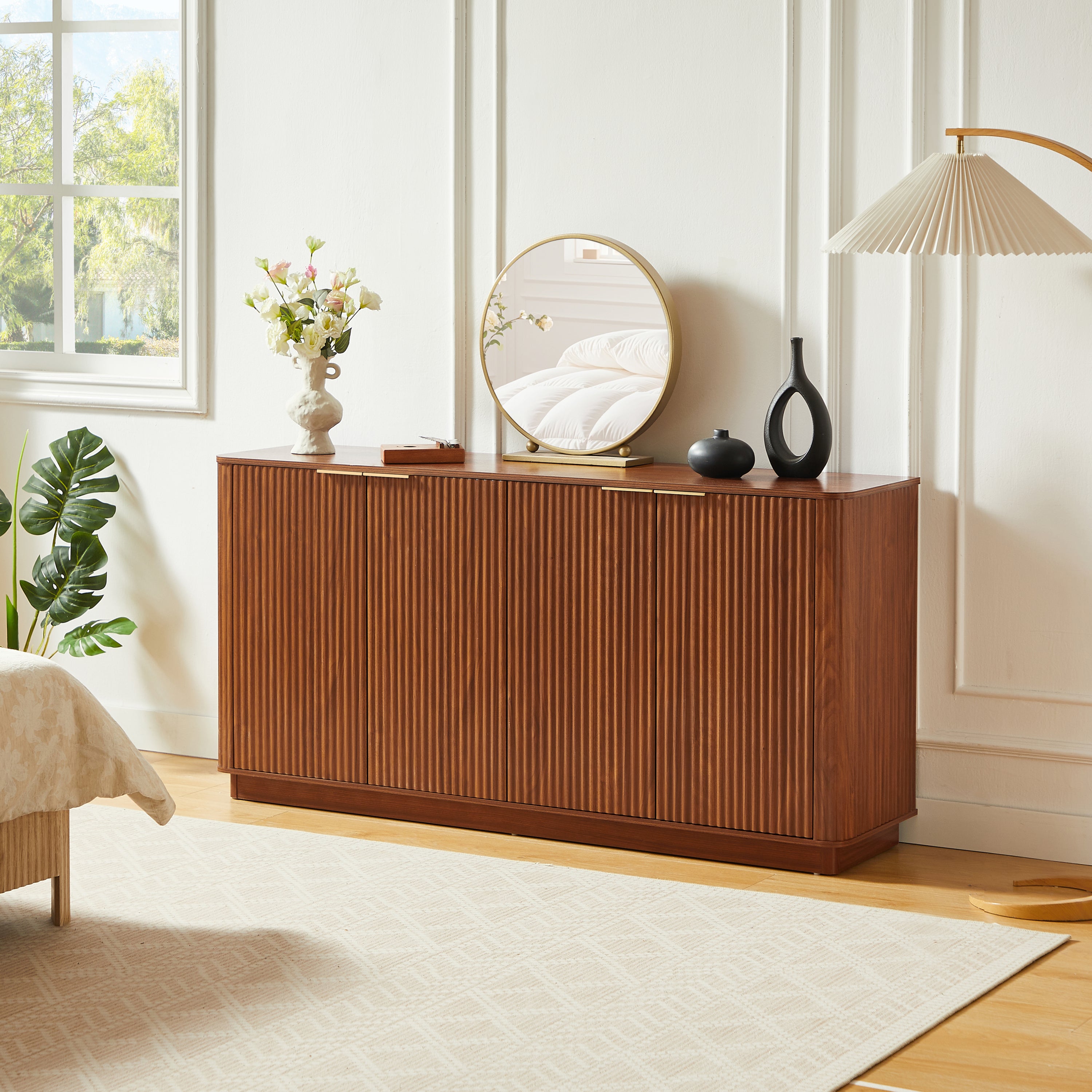 Fluted Walnut Sideboard Buffet Cabinet, 63in 4-Door TV Stand