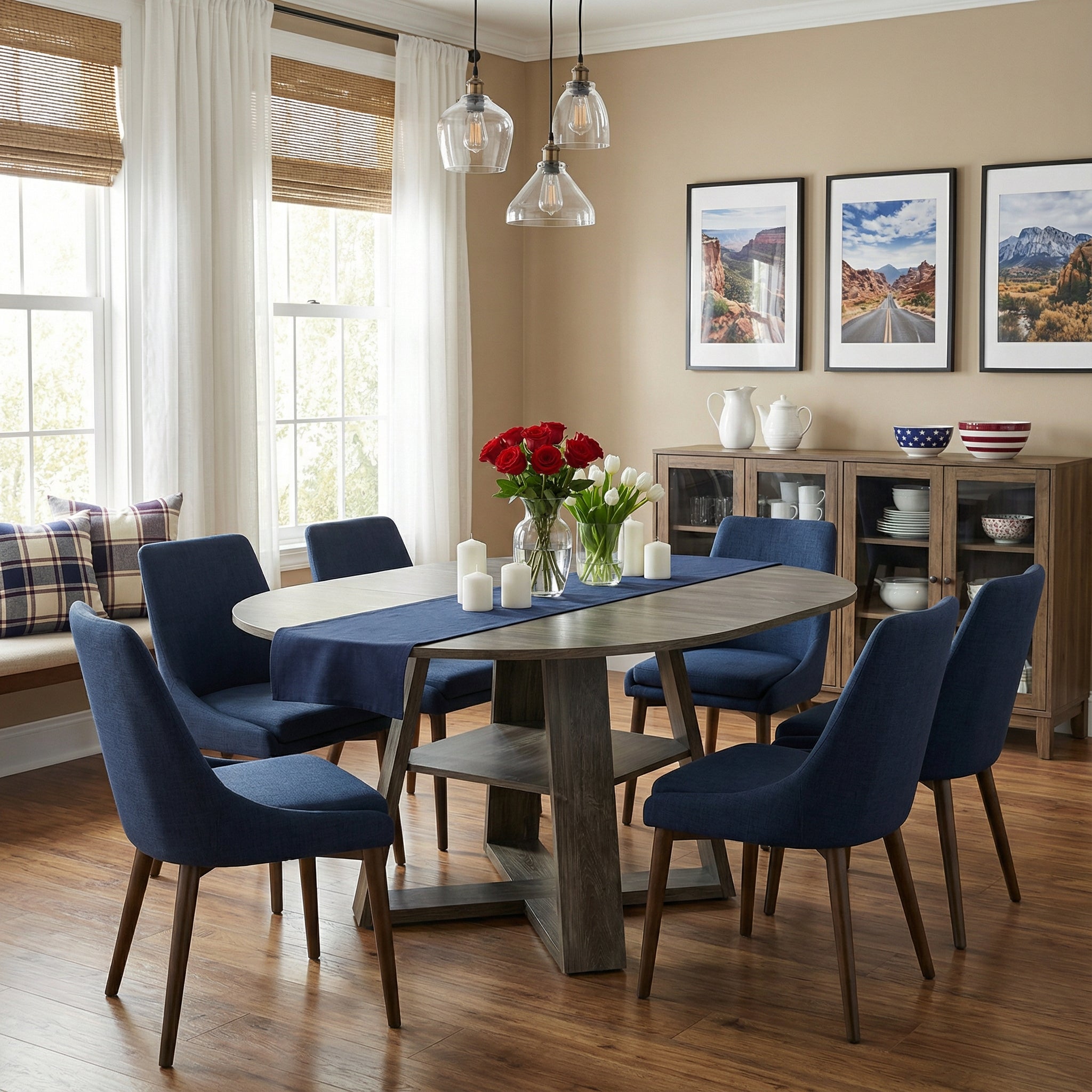 Styled dining room with the gray table extended to an oval and six blue chairs