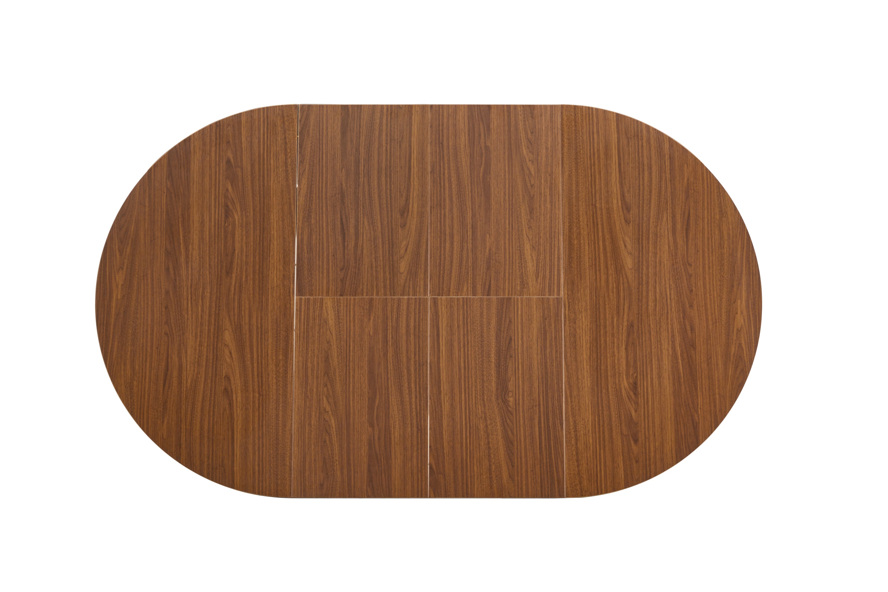 Studio view of the table split open showing extension rails and stored center leaves