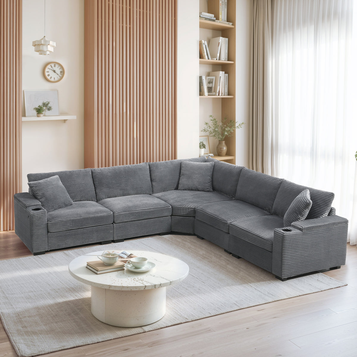 Gray Corduroy L-Shaped Modular Sectional Couch, 104 in Wide