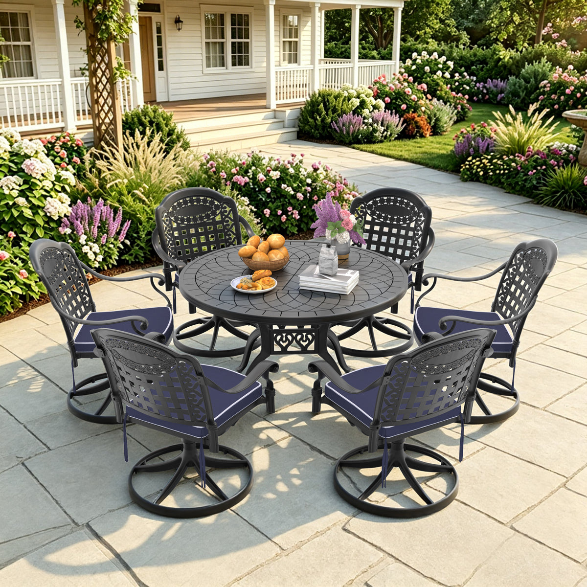 Black Aluminum 7-Piece Patio Dining Set with Cushions, Round