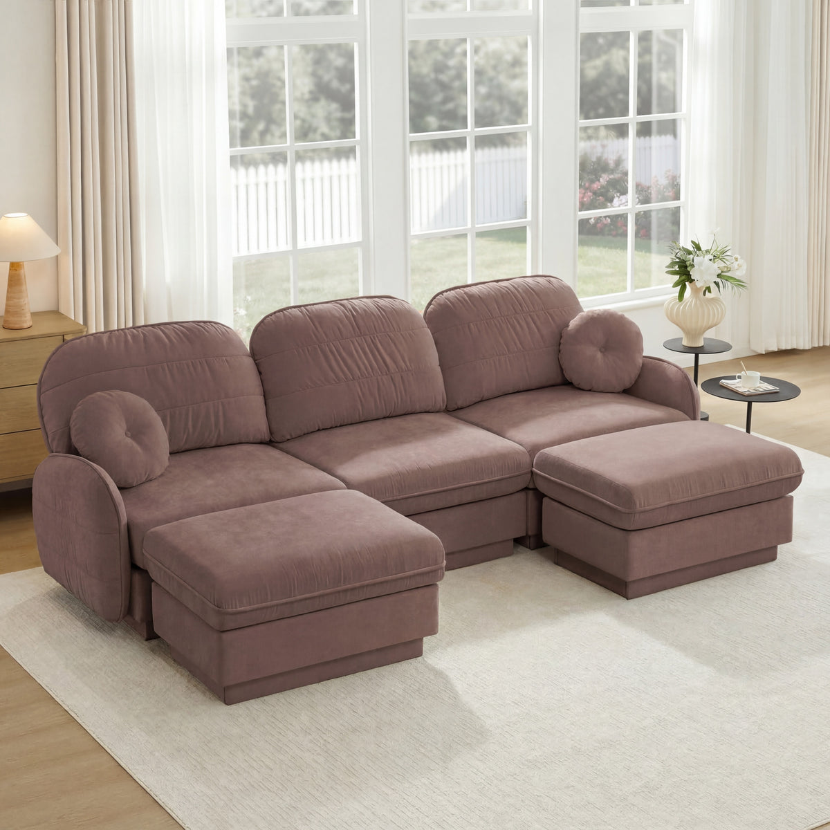 Pink Chenille Sectional Couch with 2 Ottomans, 105 in Wide