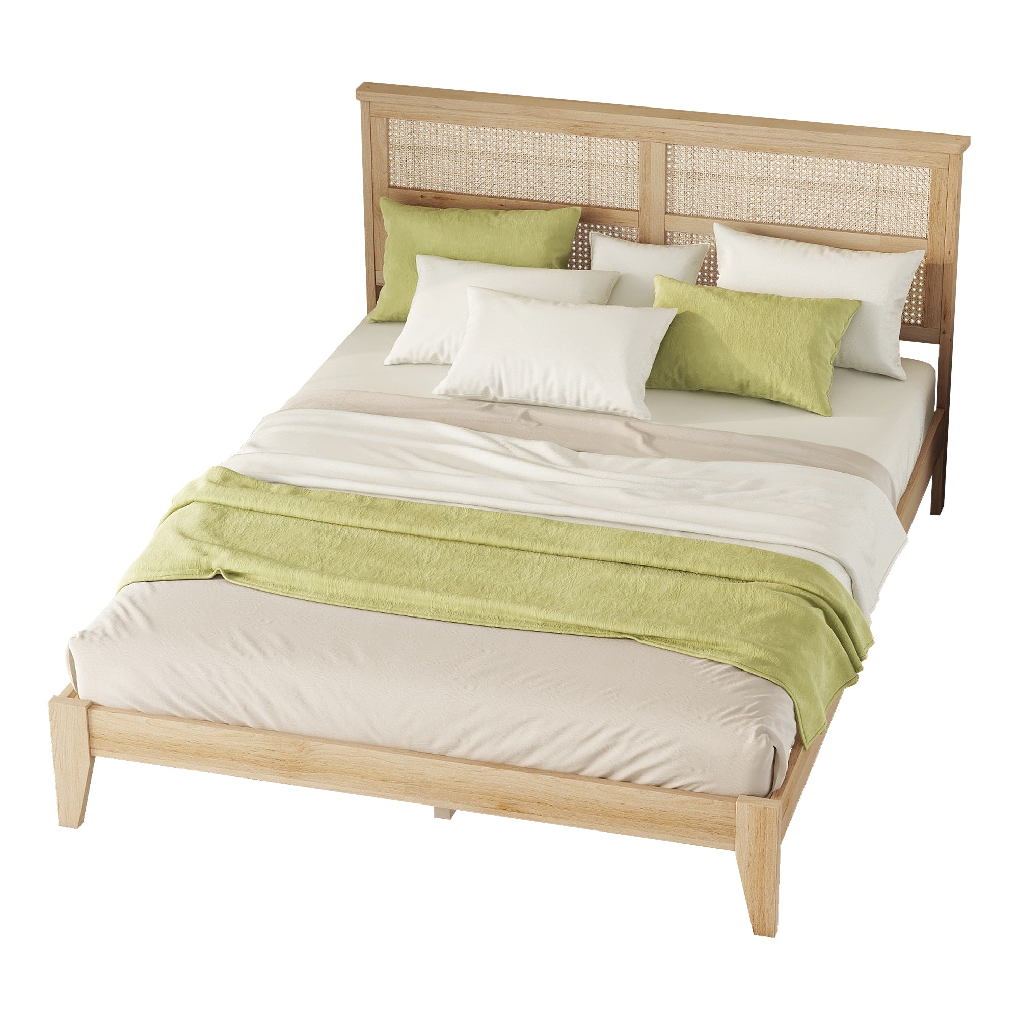 Studio angle of the styled natural rubberwood queen bed frame with woven rattan headboard on white