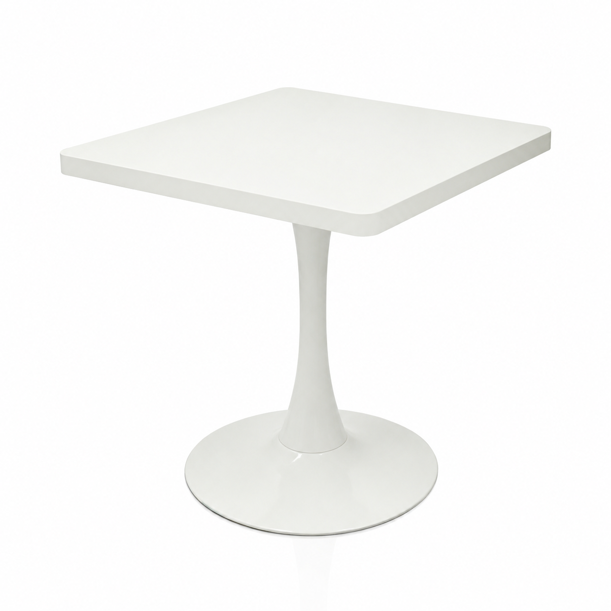 Overhead three-quarter product photo of the white square tulip bistro table on a plain white background