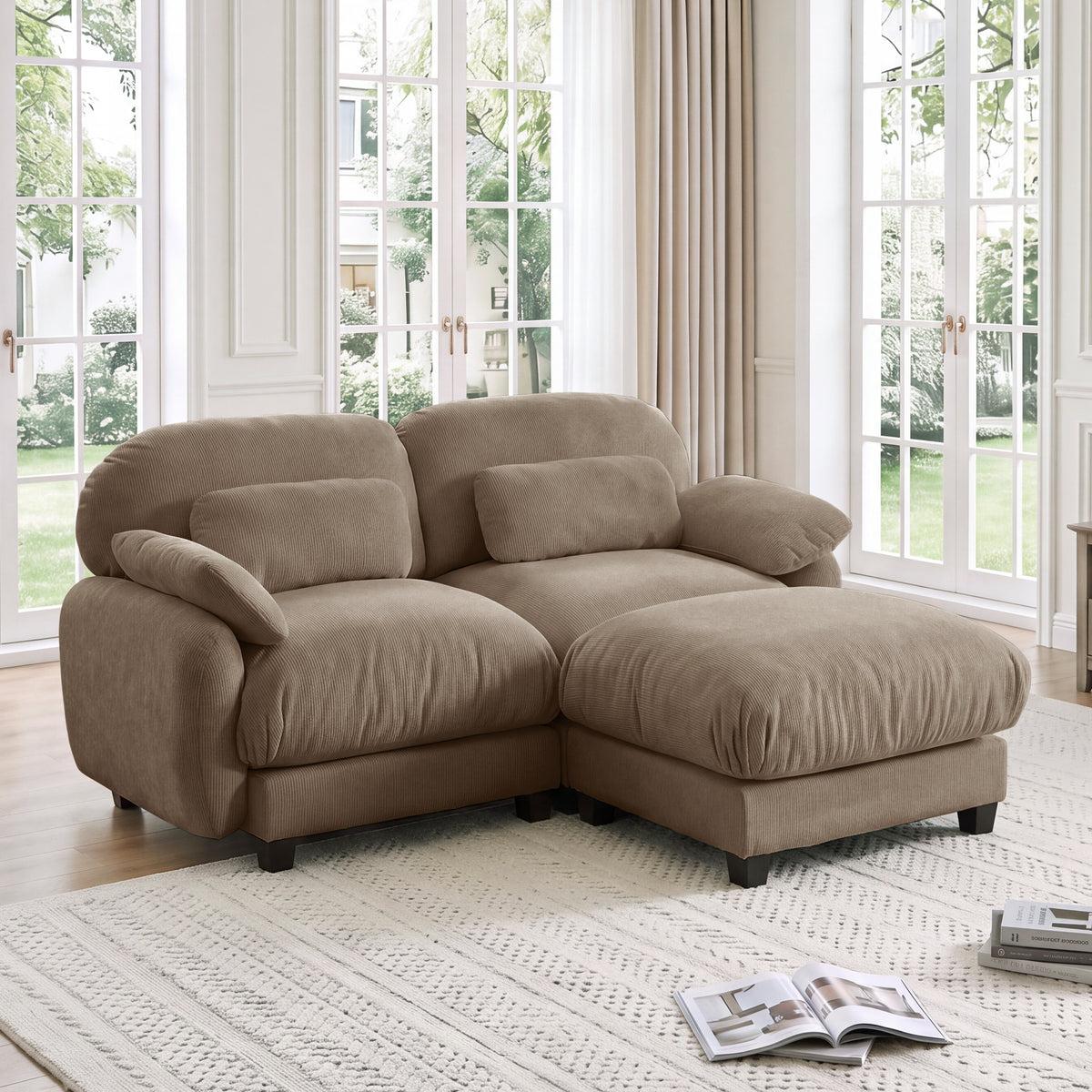 Brown Chenille Modular Sectional Couch with Ottoman