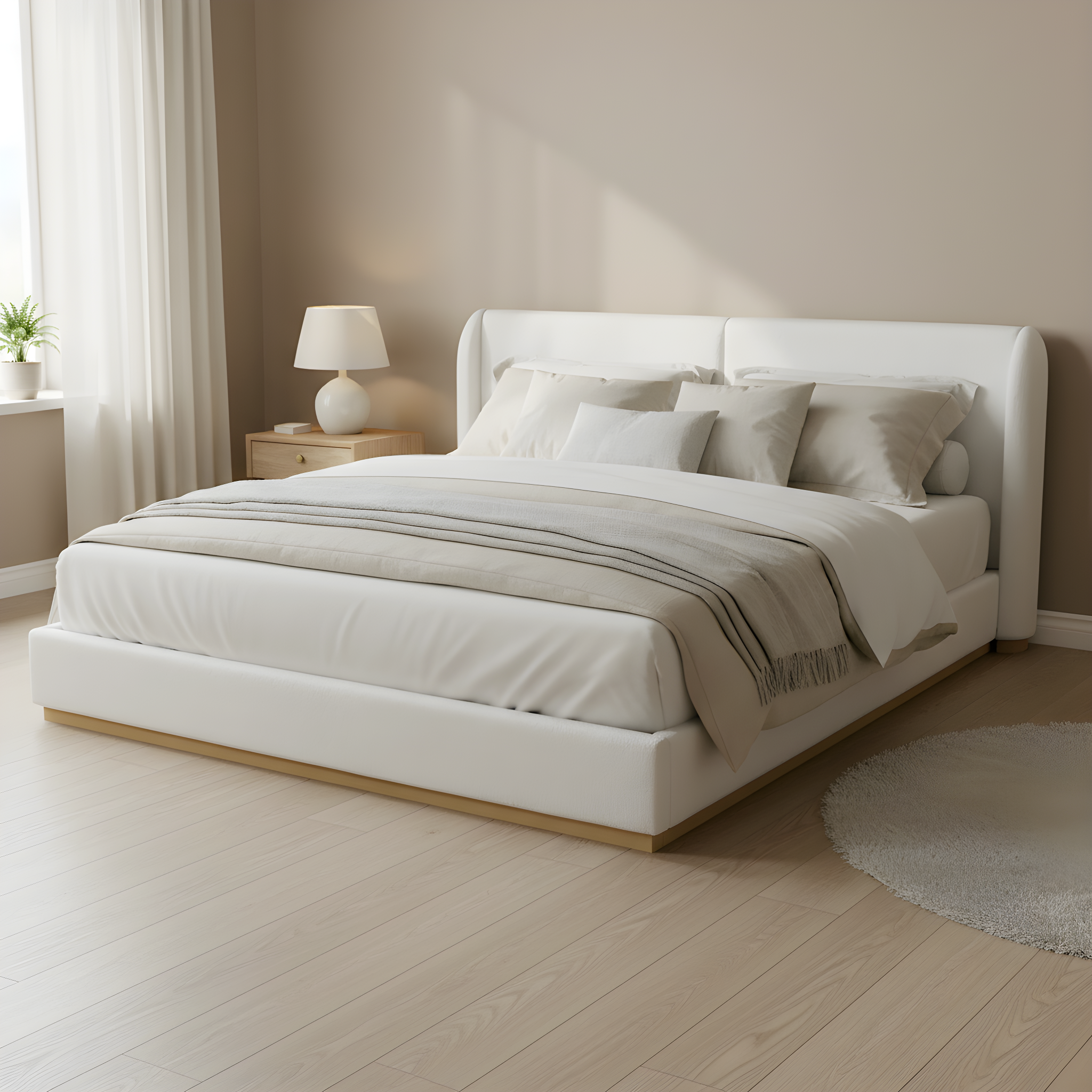 White bouclé king bed with wood base in a warm neutral bedroom