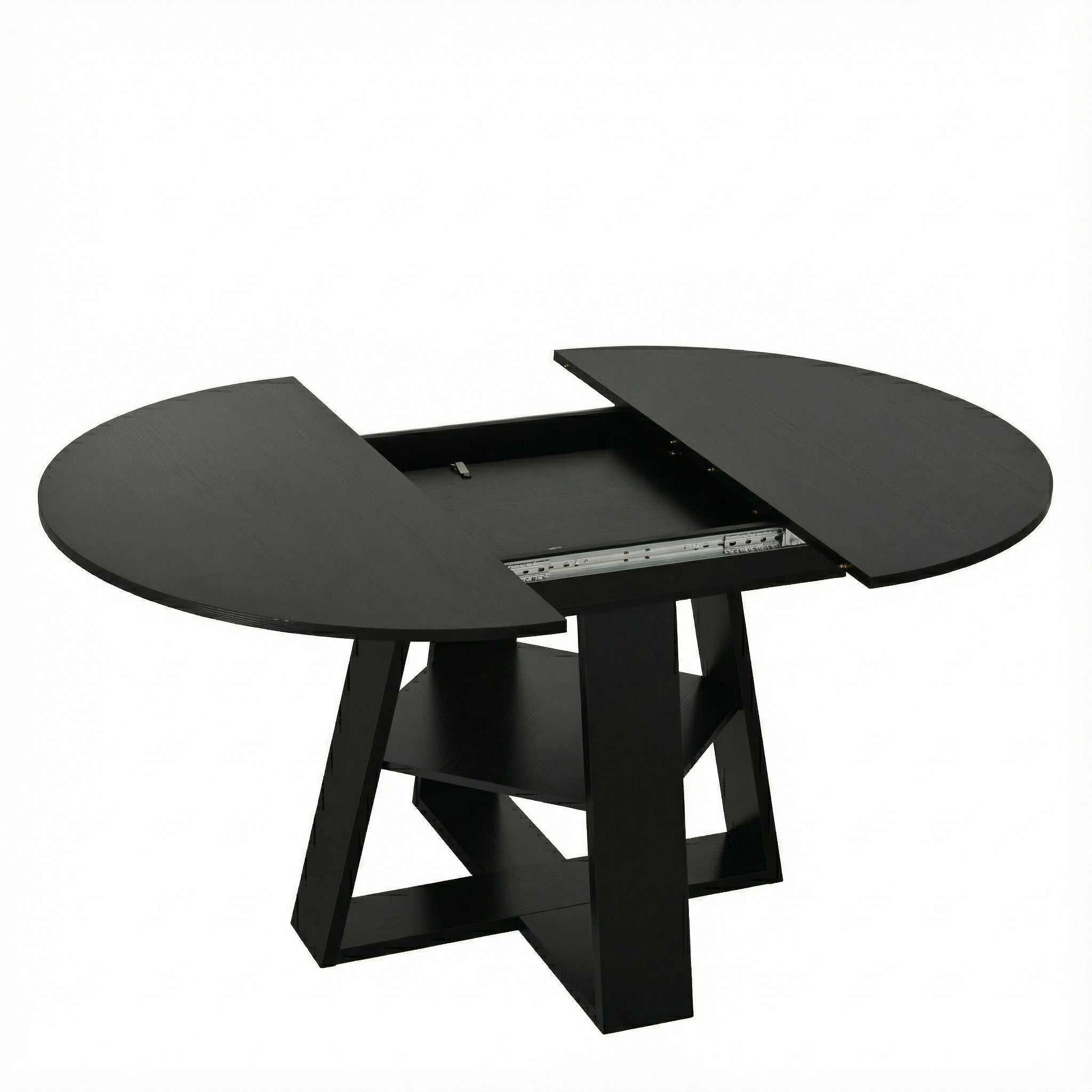 Studio view of the black tabletop split apart to show the metal slide rails
