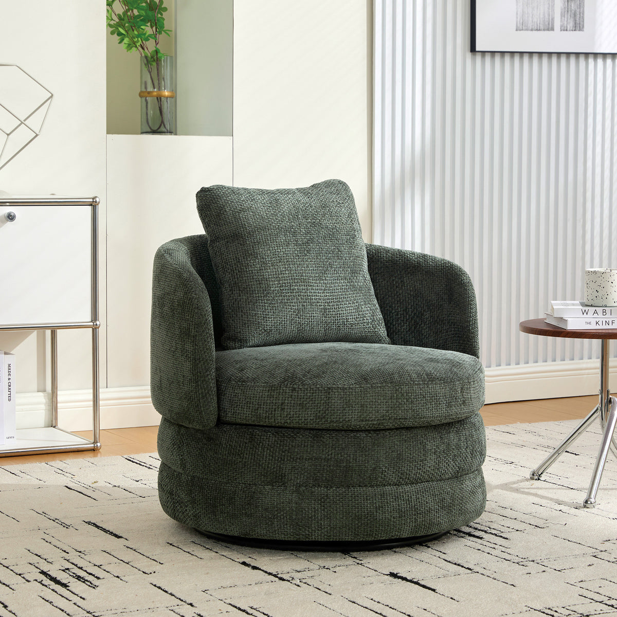 Green Chenille Swivel Barrel Chair