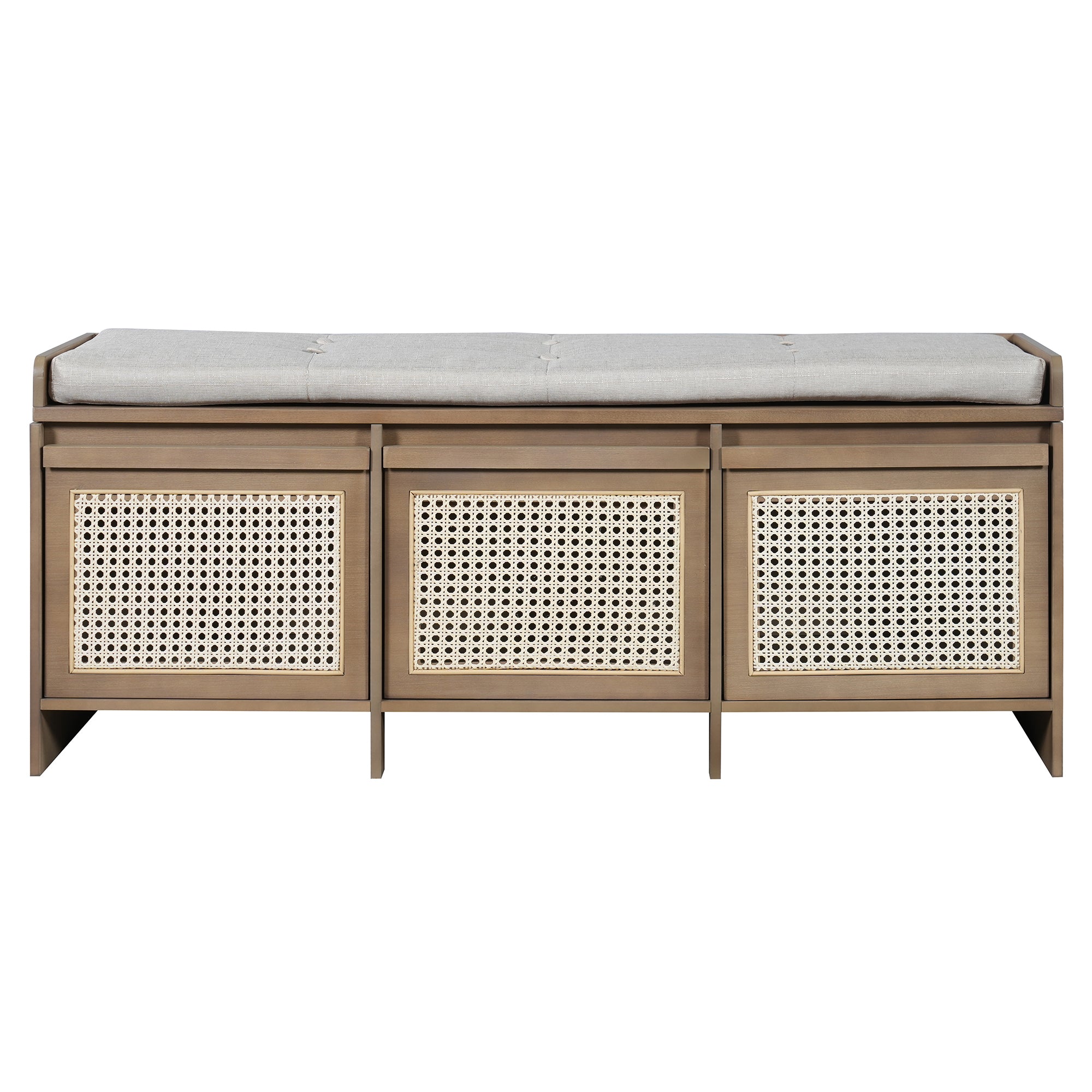 Retro Shoe Storage Bench, Natural, 3 Rattan Drawers, 48 in